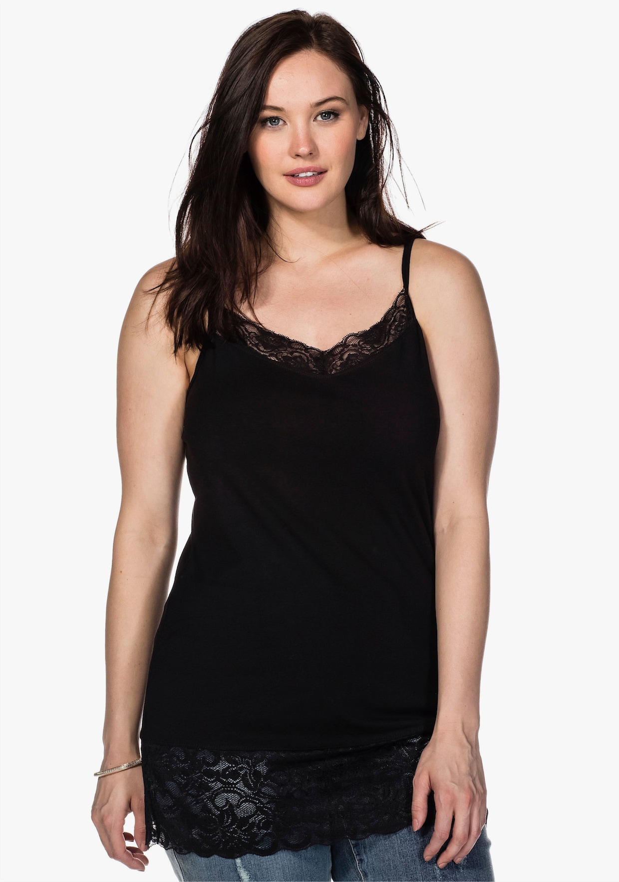 sheego Spaghettitop mit breiter Spitzenbordüre - schwarz