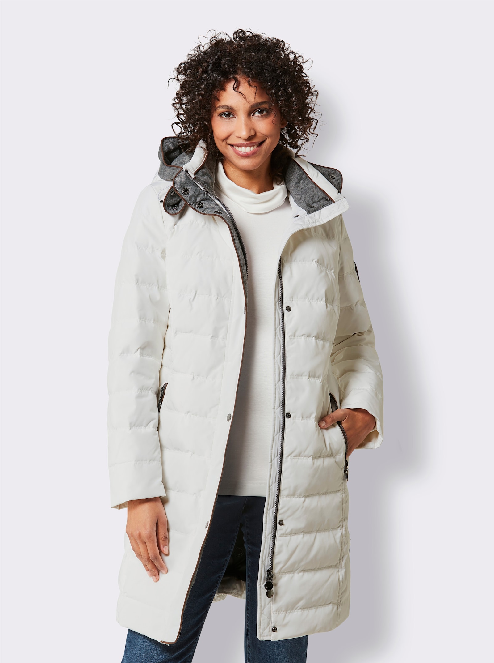 CREATION L PREMIUM Daunenmantel mit Flanell-Besatz - ecru