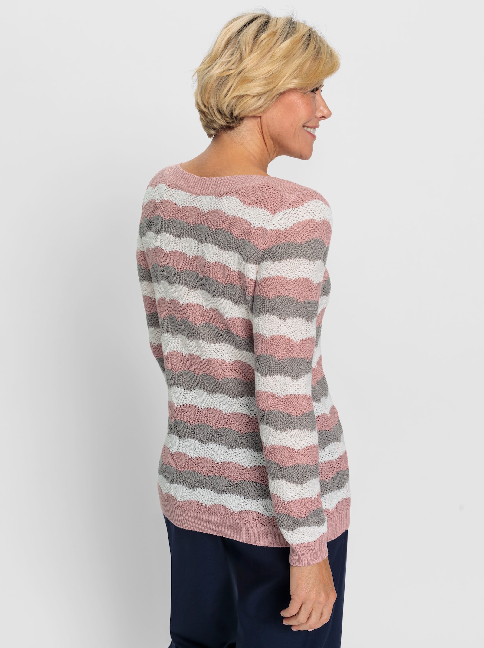 Langarm-Pullover mit Einstrickmuster - hortensie-steingrau-geringelt