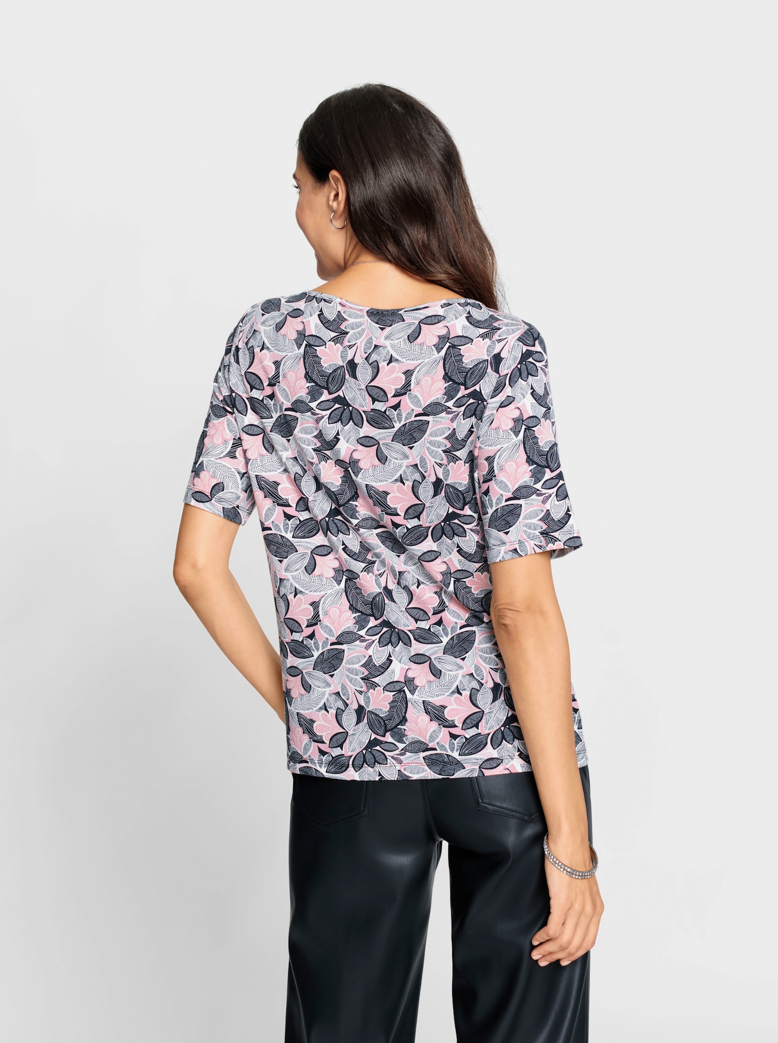 T-shirt imprimé avec encolure en U passepoilée - hortensia-rose clair imprimé