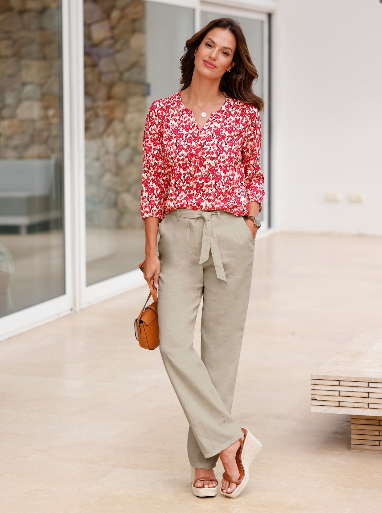 Blouse met print en elastiek in mouwen en zoom - aardbei/lindegroen bedrukt