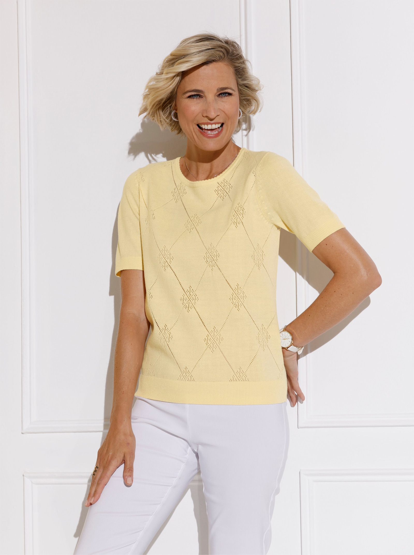 Ajourpullover mit kurzen Ärmeln - vanille