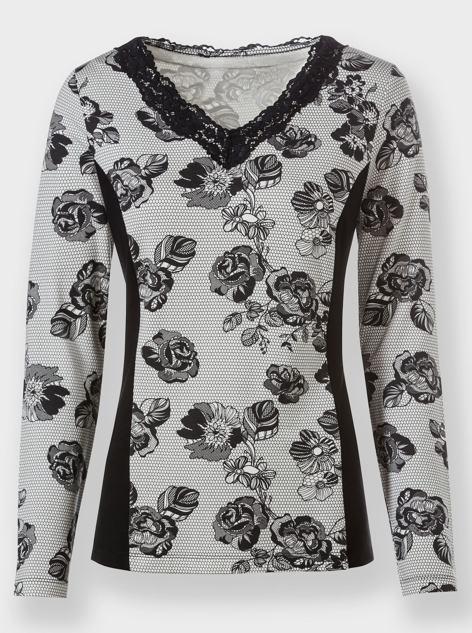 heine Shirt met lange mouwen en kanten details - zwart/ecru geprint