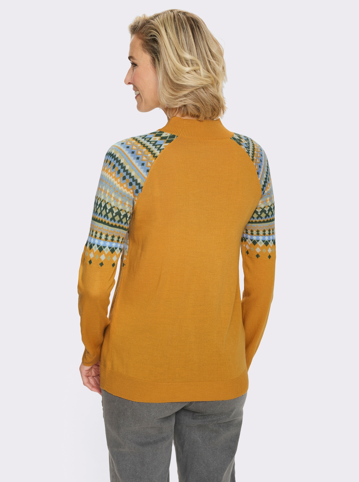 Norwegerpullover mit Raglan-Ärmeln - ocker-lindgrün-gemustert