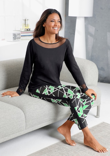 wäschepur Schlafanzug mit Netzeinsätzen - schwarz-apfel-bedruckt