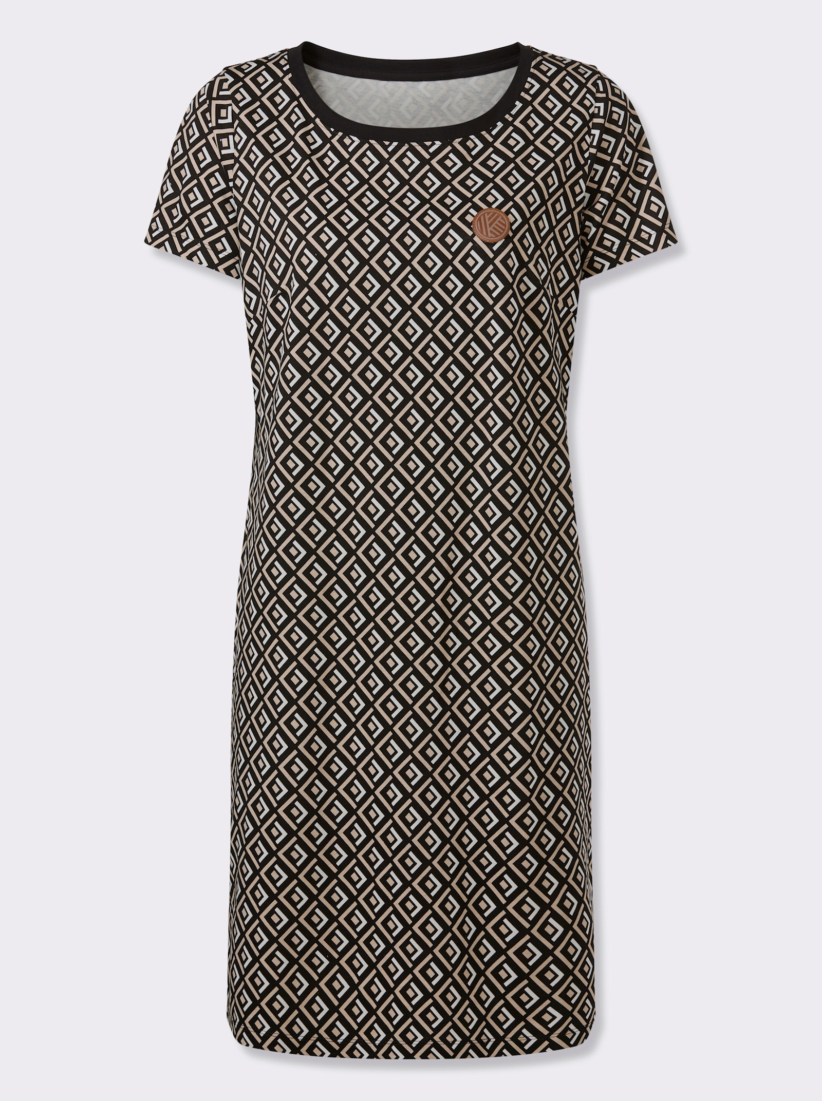 Žerzejové šaty s grafickým vzorem - béžová-černá-potisk