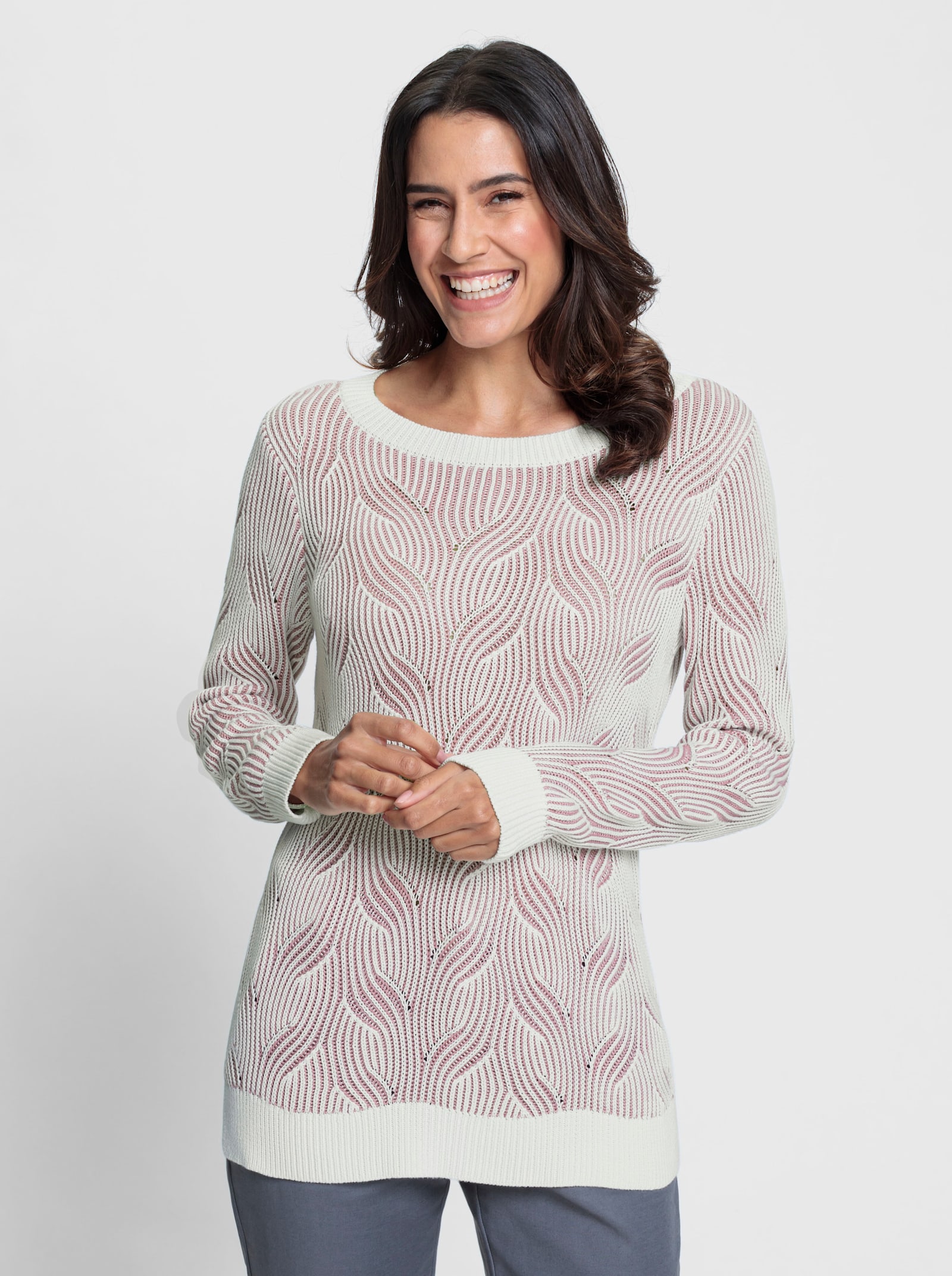 Jacquardpullover mit Kontrastfarben - mauve-ecru-gemustert