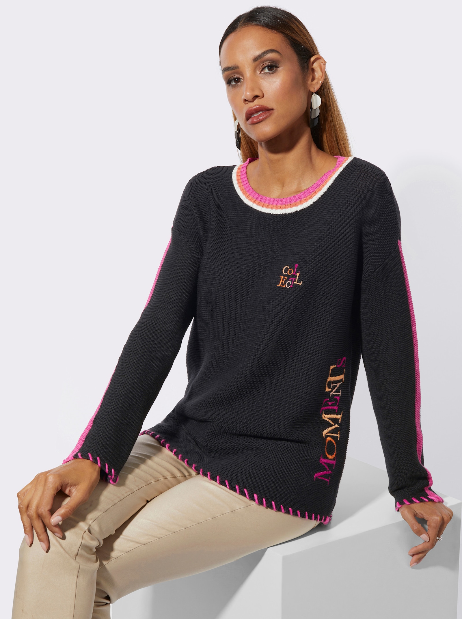 Rundhalspullover im Baumwoll-Modal-Mix - schwarz-fuchsia