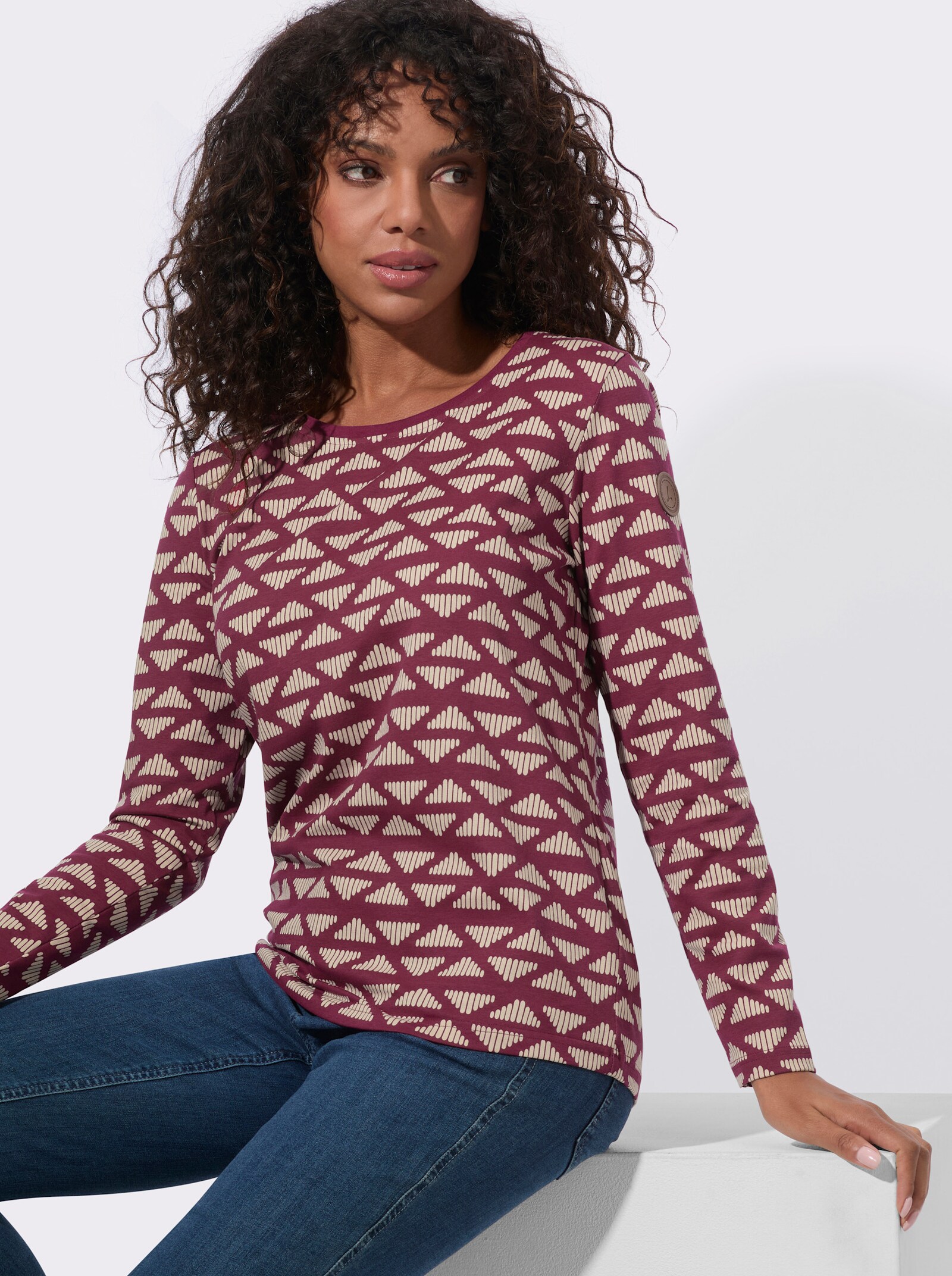 Ringelshirt in Baumwoll-Stretch-Qualität - bordeaux-sand-bedruckt