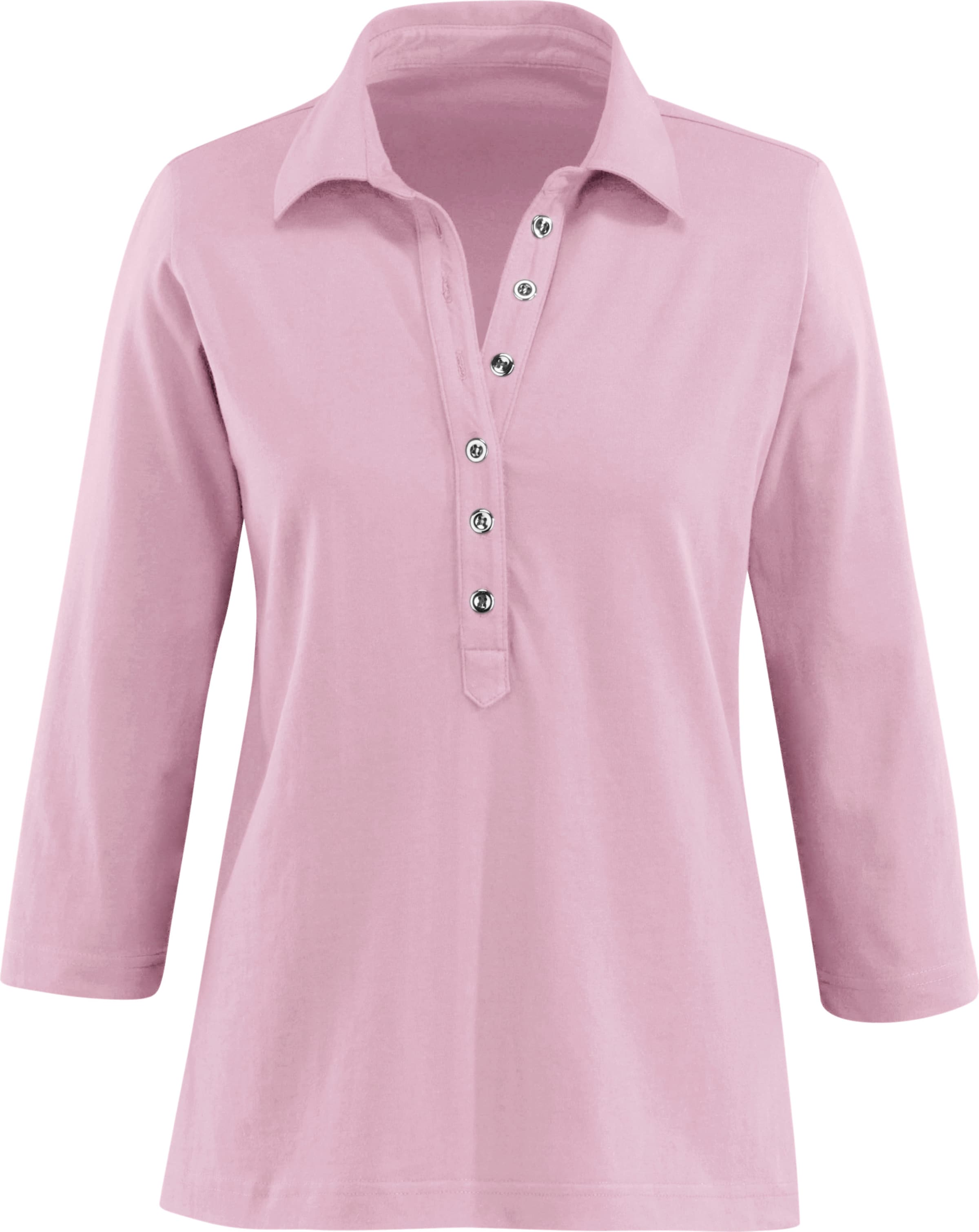 mit Knopf günstig Kaufen-Poloshirt in rosé von heine. Poloshirt in rosé von heine <![CDATA[Poloshirt in weicher Qualität. Modisch lange Knopfleiste mit silberfarbenen Knöpfen. 3/4-­Ärmel. OCS-zertifiziertes Produkt.]]>. 