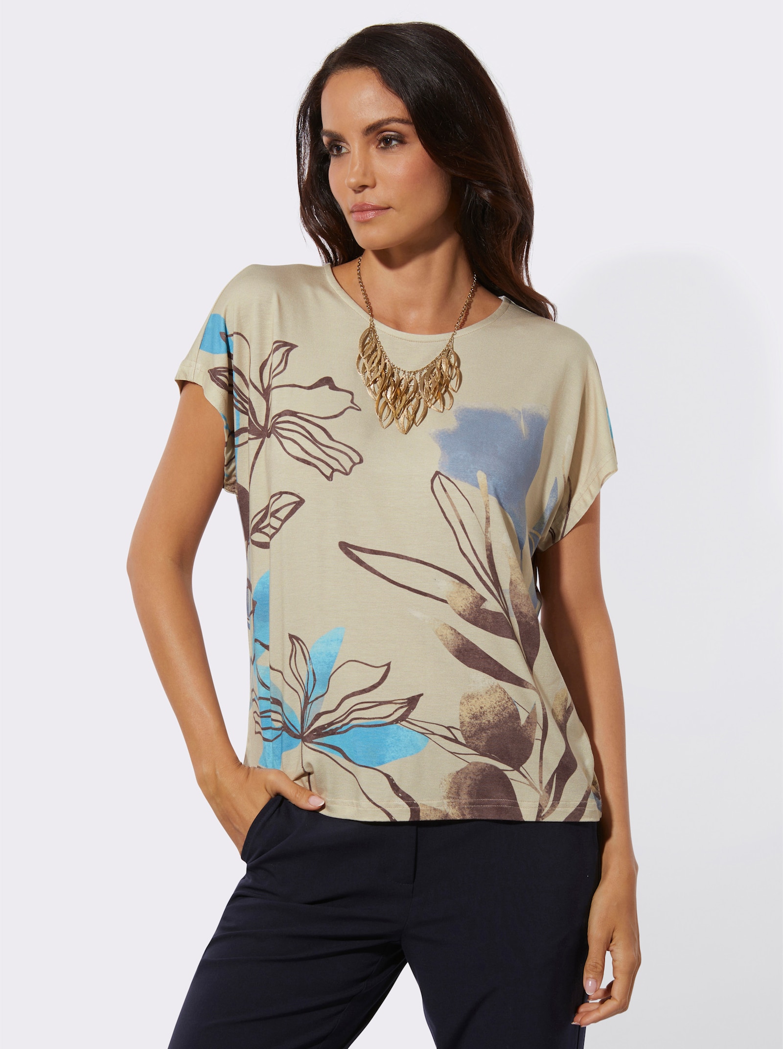 Shirt met print en oversized schouders - zand/bleu bedrukt