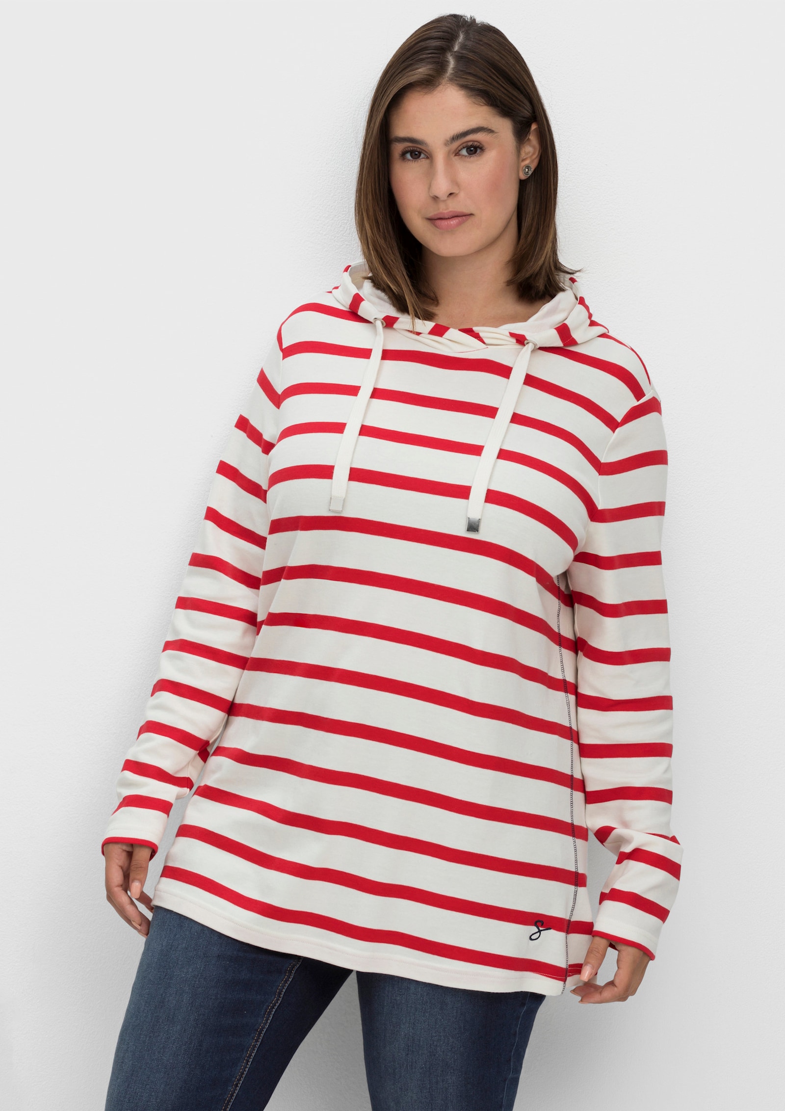 sheego Ringelshirt mit Kapuze, Langarm - offwhite-gestreift