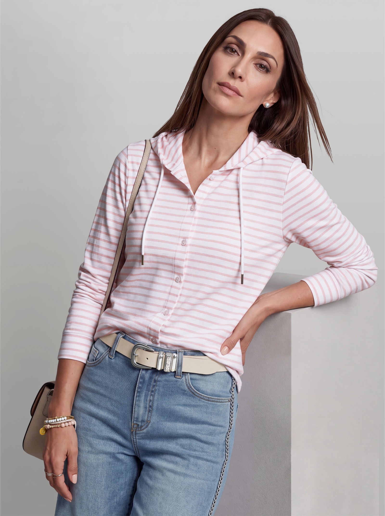heine Streifenshirt mit Kapuze - weiß-hellrosé-geringelt