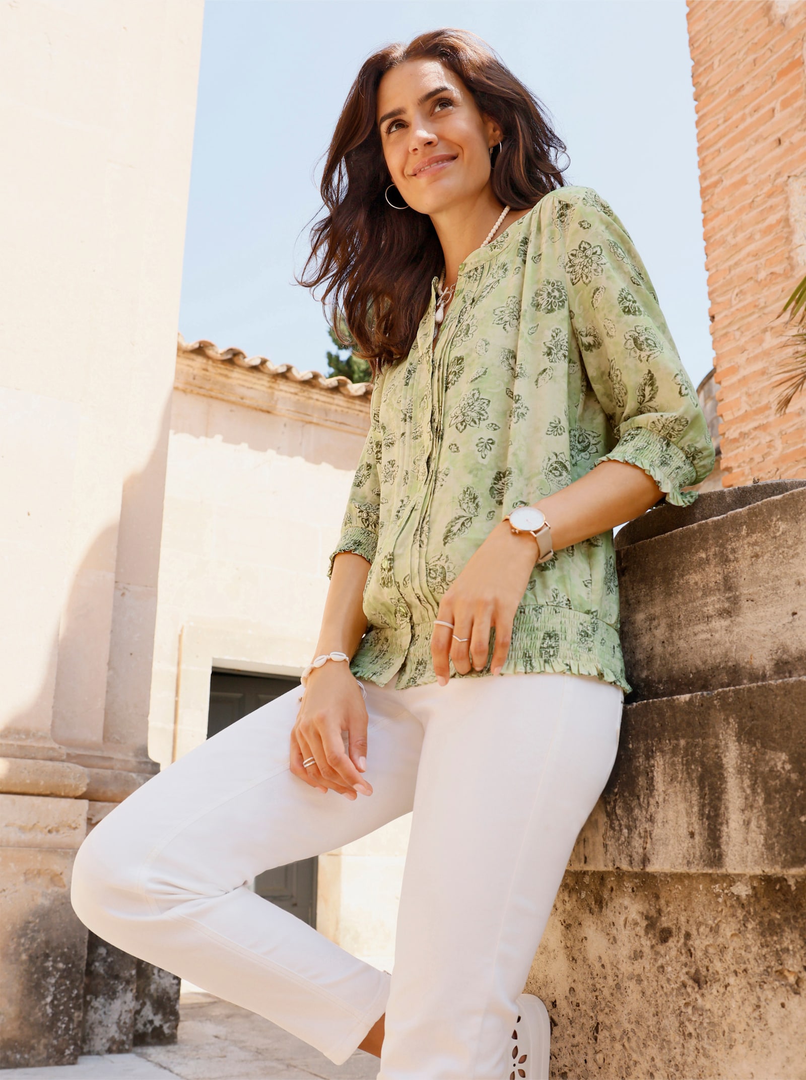 Druckbluse mit gesmokten Abschlüssen - lindgrün-bedruckt