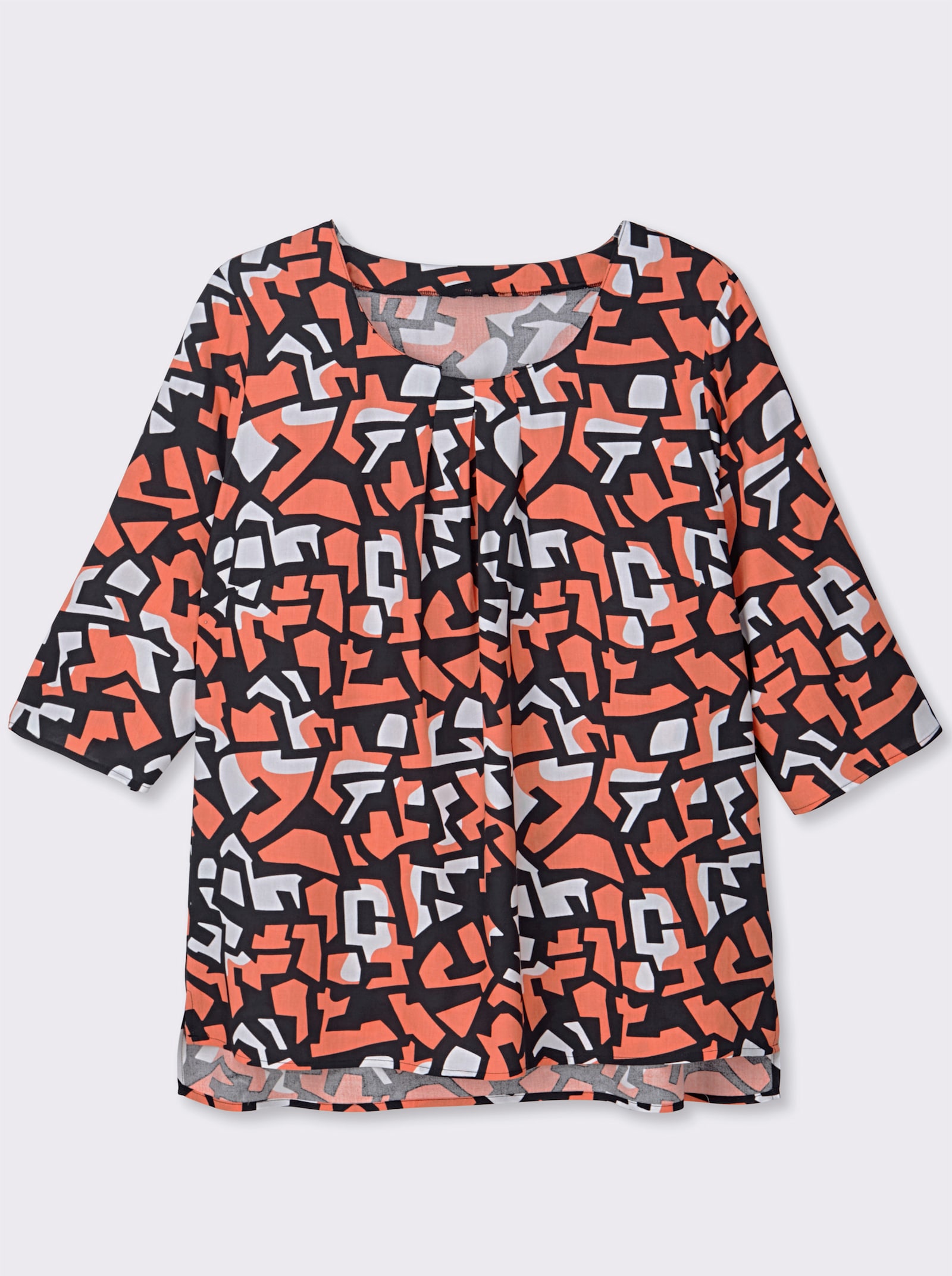 Druckbluse mit Falten am Ausschnitt - papaya-schwarz-bedruckt