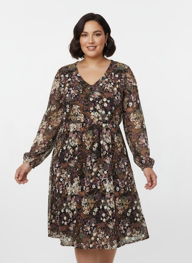 Druckkleid mit Smokabschluss an den Ärmeln - schwarz-bedruckt