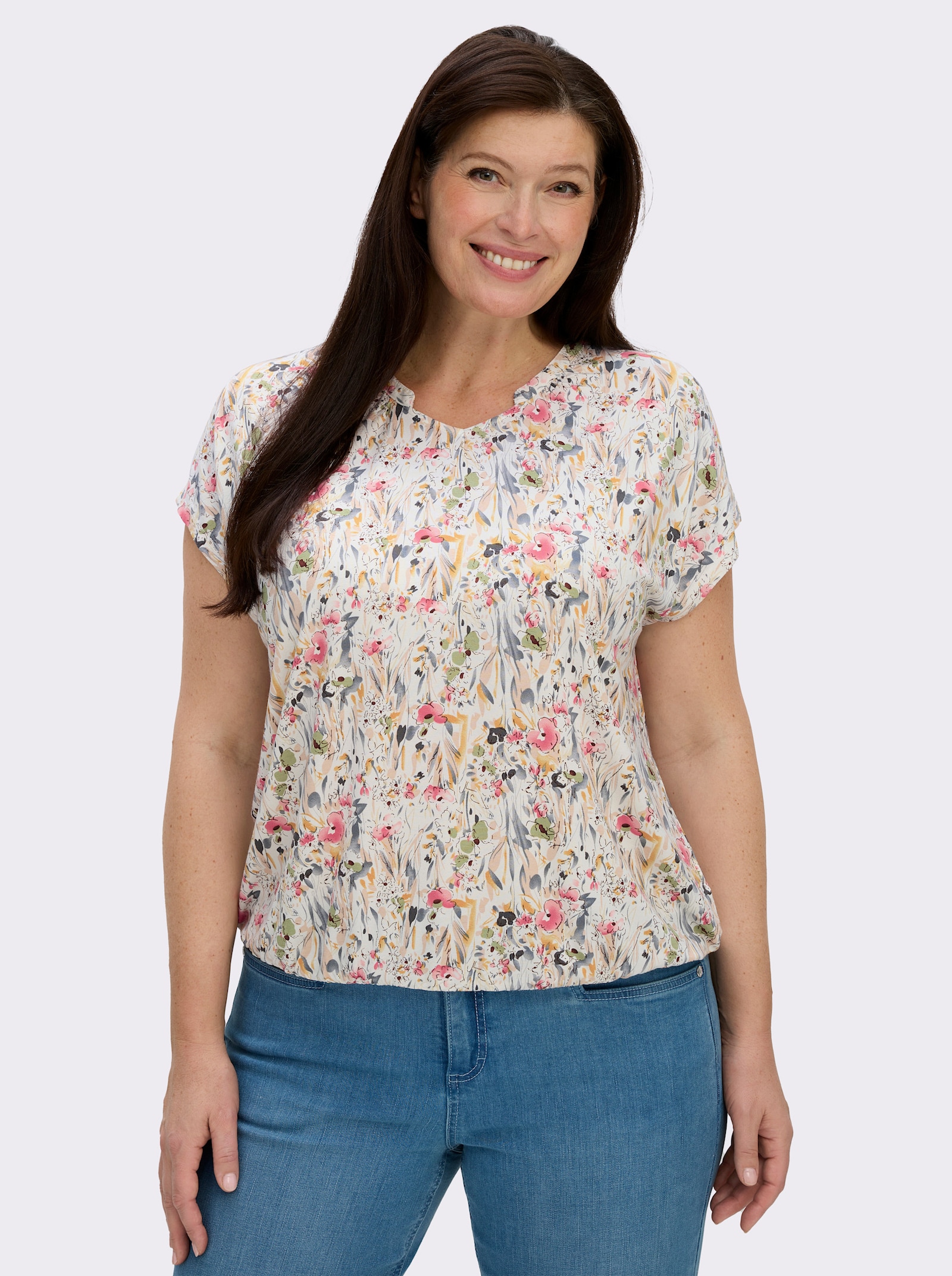 Print-Shirt mit kleinem V und Raffung am Ausschnitt - ecru-bedruckt