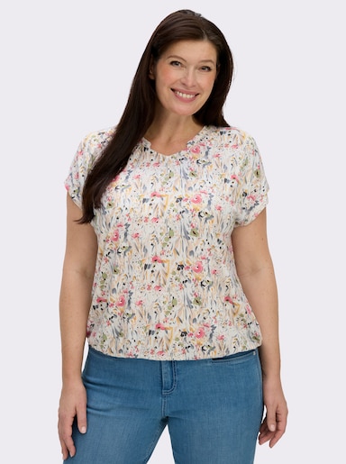 Print-Shirt mit kleinem V und Raffung am Ausschnitt - ecru-bedruckt