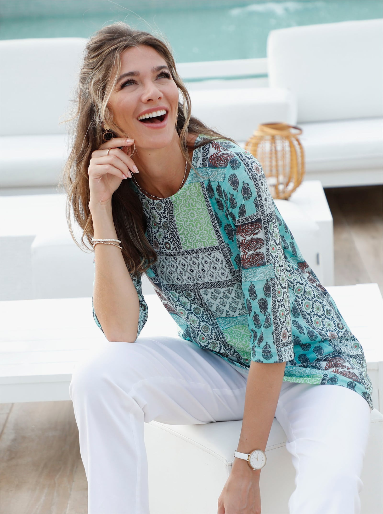 Print-Shirt im Patchwork-Optik - petrol-gemustert