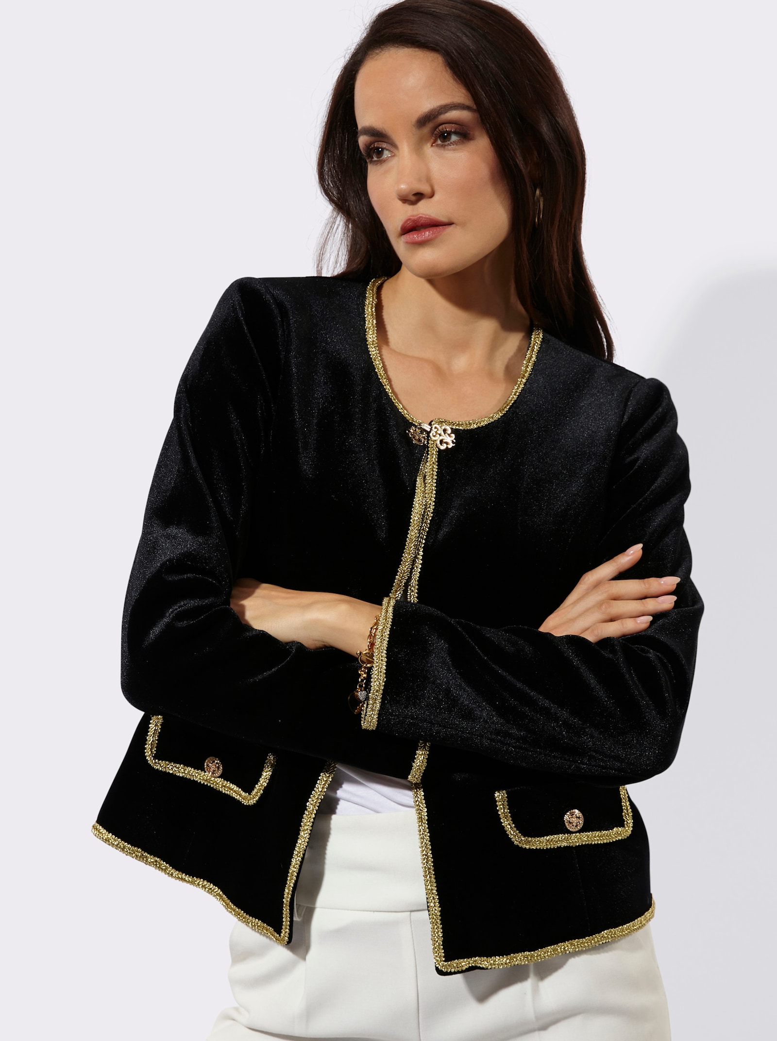 Samtblazer mit Hakenverschluss - schwarz