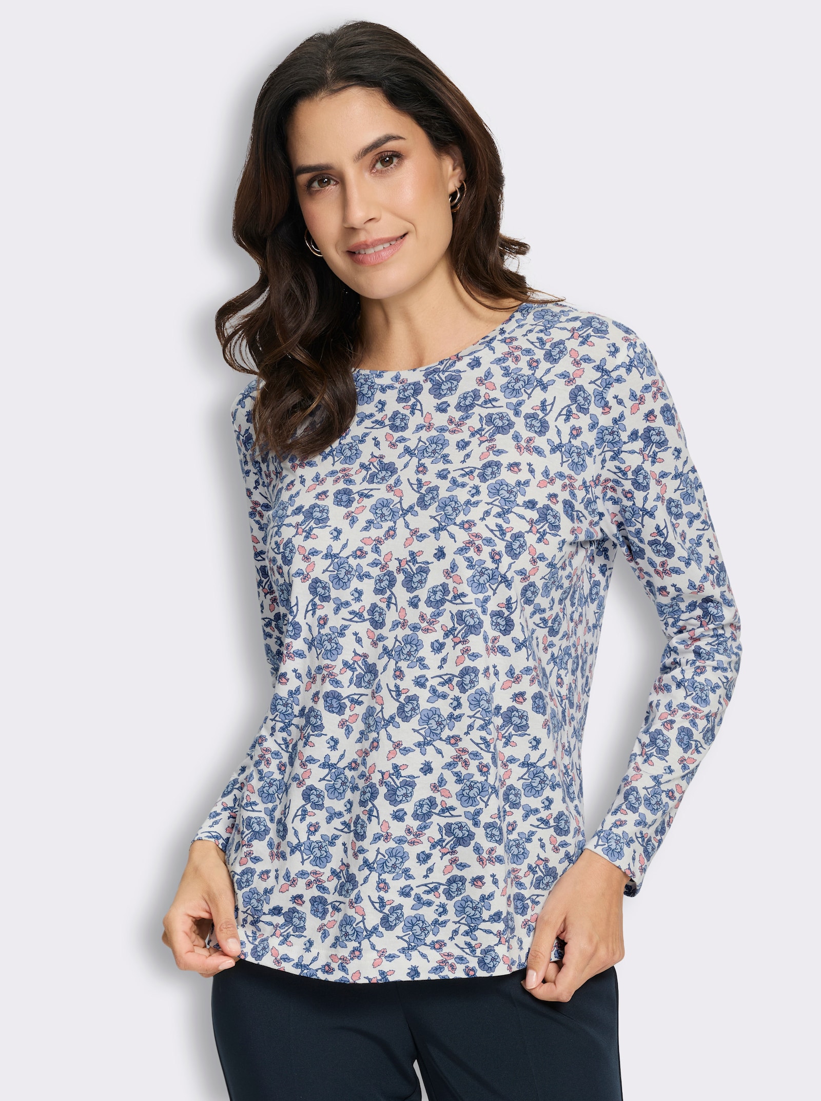 Print-Shirt mit floralem Muster - ecru-jeansblau-bedruckt