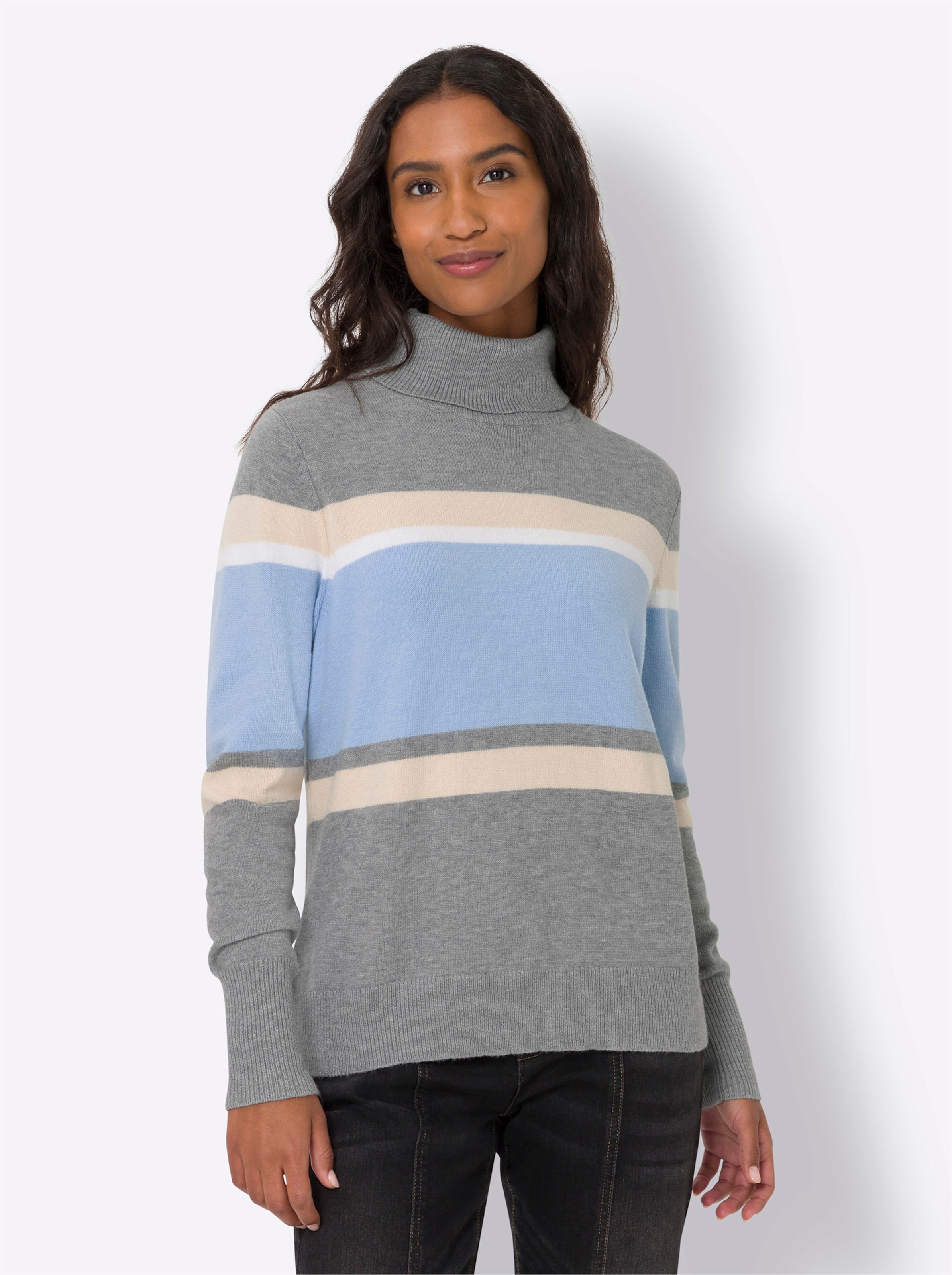 Feinstrick Pullover günstig Kaufen-Pullover in grau-eisblau-geringelt von heine. Pullover in grau-eisblau-geringelt von heine <![CDATA[Pullover Kuscheliger Feinstrick im Blockstreifen-Dessin. Figurumspielend, mit Rollkragen, Langarm und Rippenbündchen.]]>. 