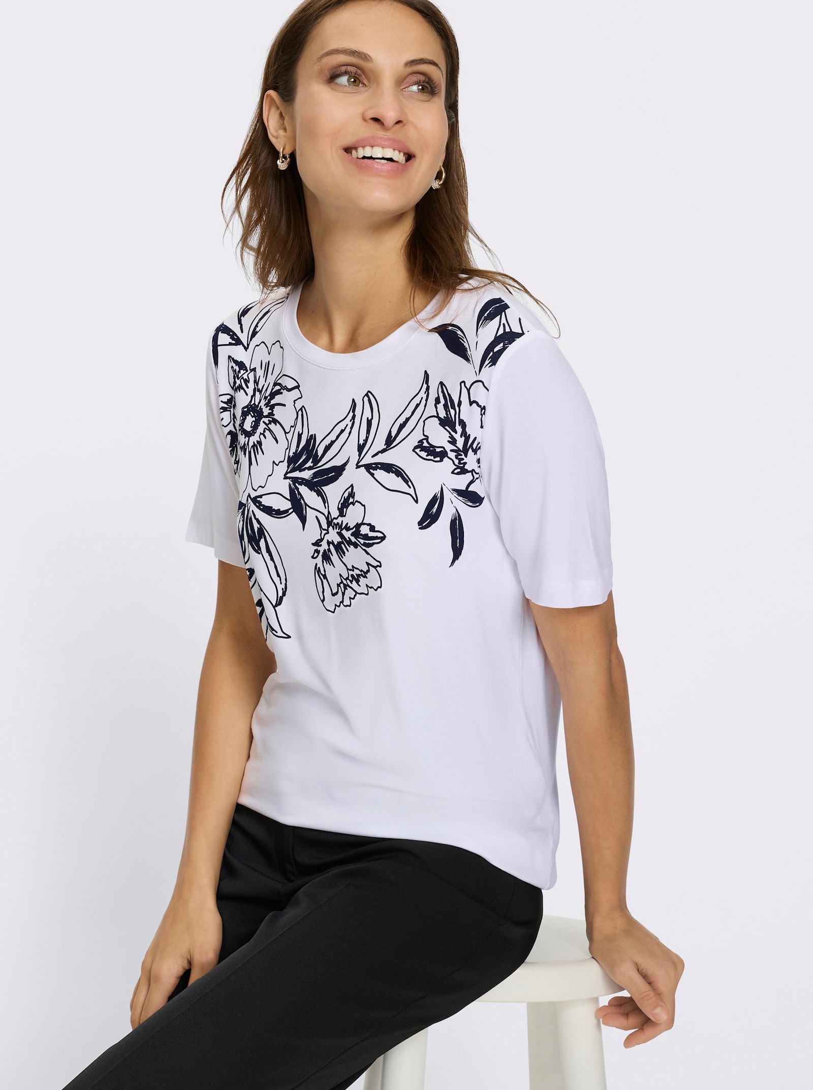 Kortärmad topp med blomtryck - vit-marin, tryckt