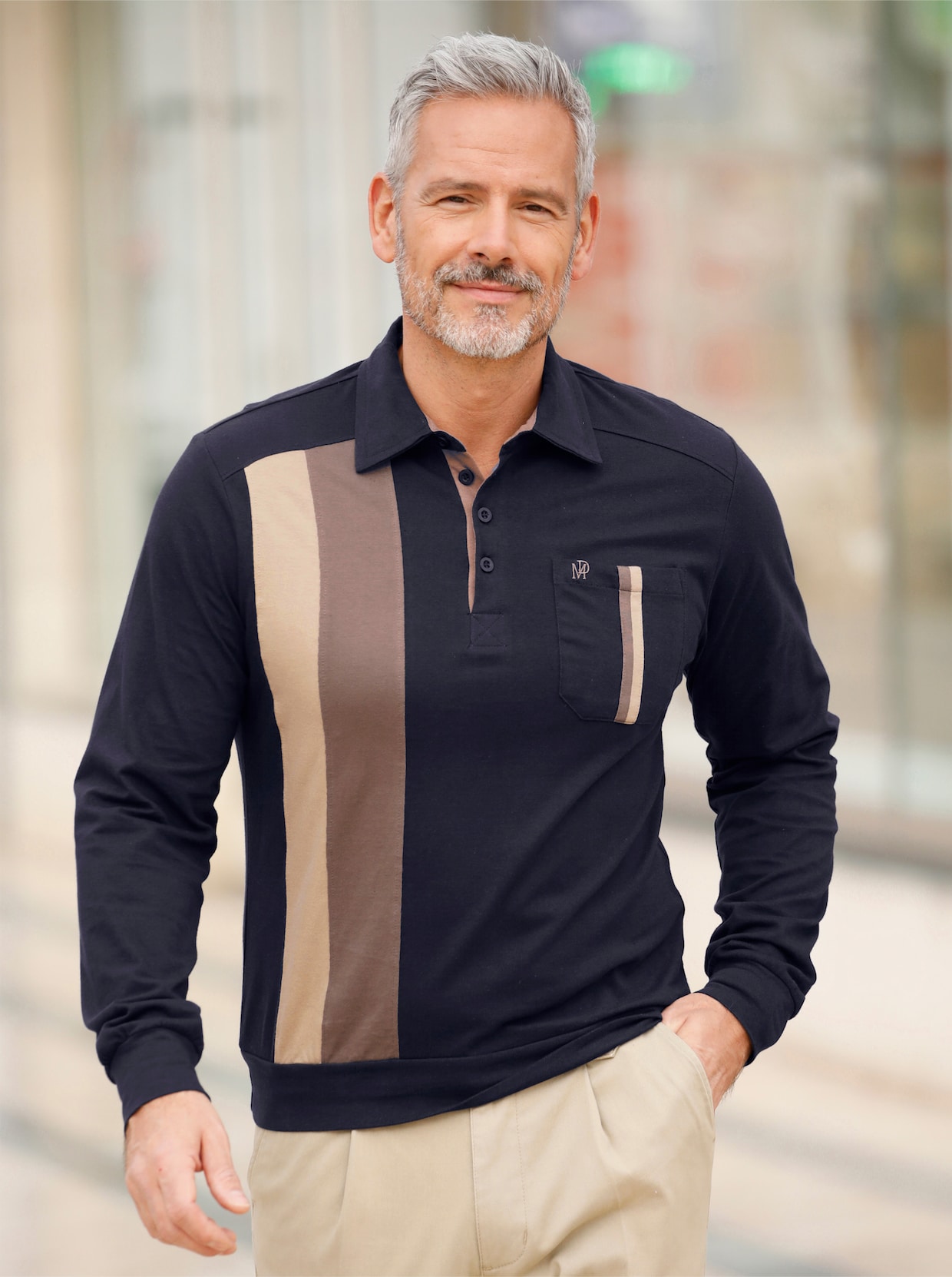Marco Donati Poloshirt met lange mouwen - marine gestreept