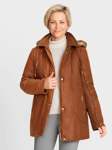 Kapuzenjacke mit Zier-Steppung, Leder-Optik - cognac