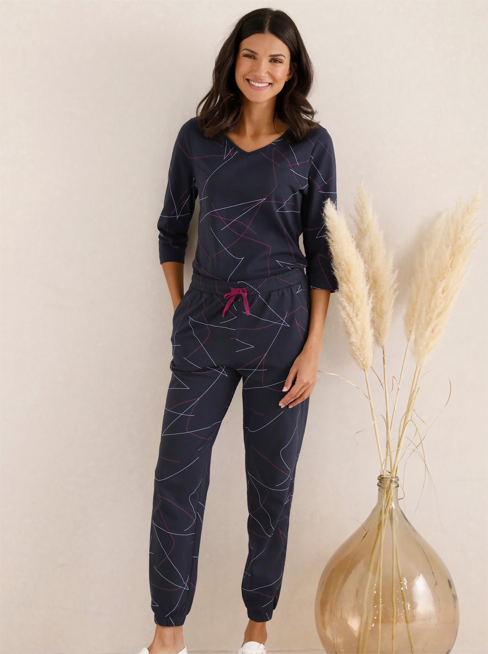 Vrijetijdsbroek met elastische boordjes aan de pijpen - marine geprint