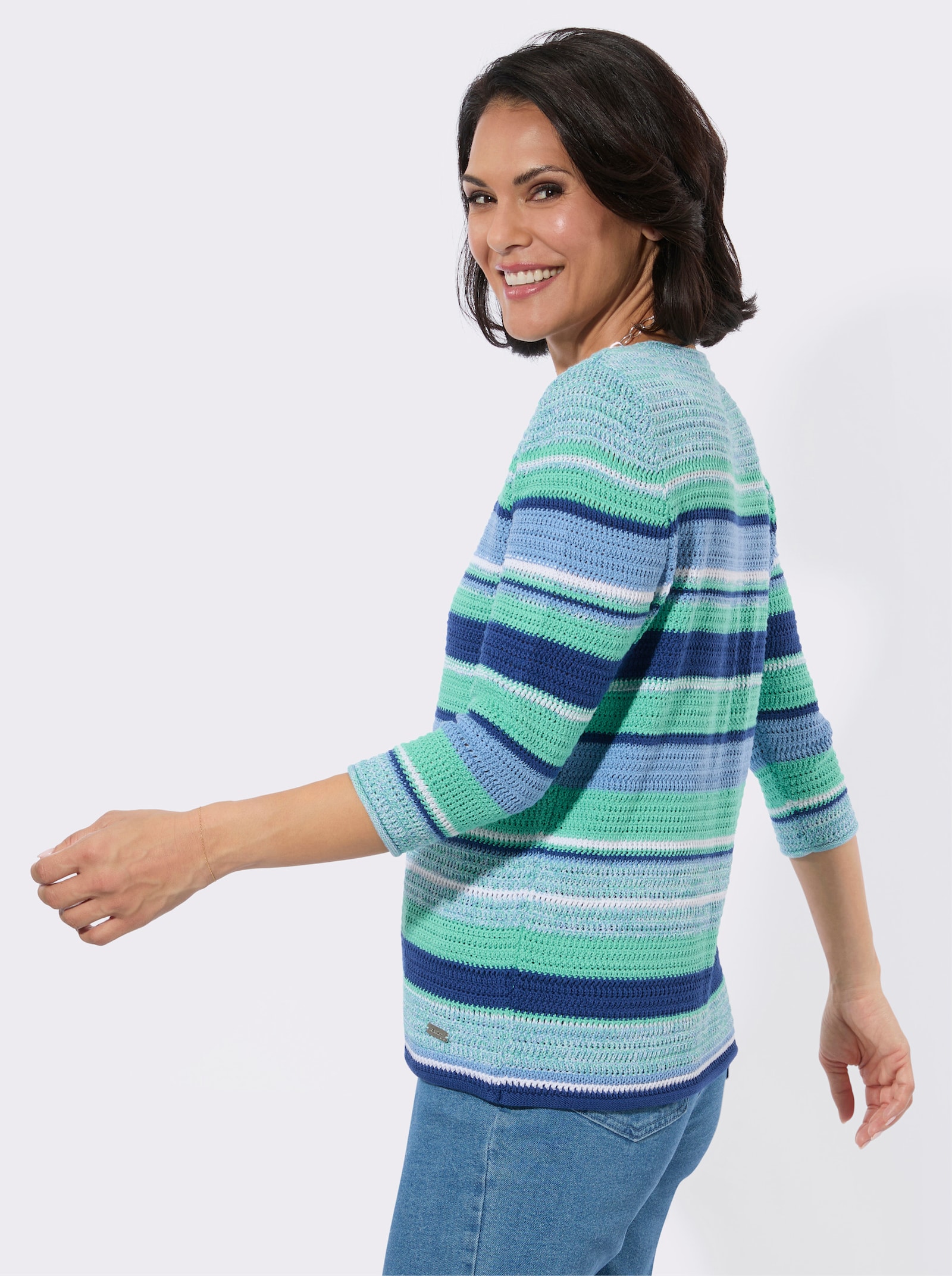 Rundhalspullover in Melange-Optik - blaugrün-weiß-gemustert