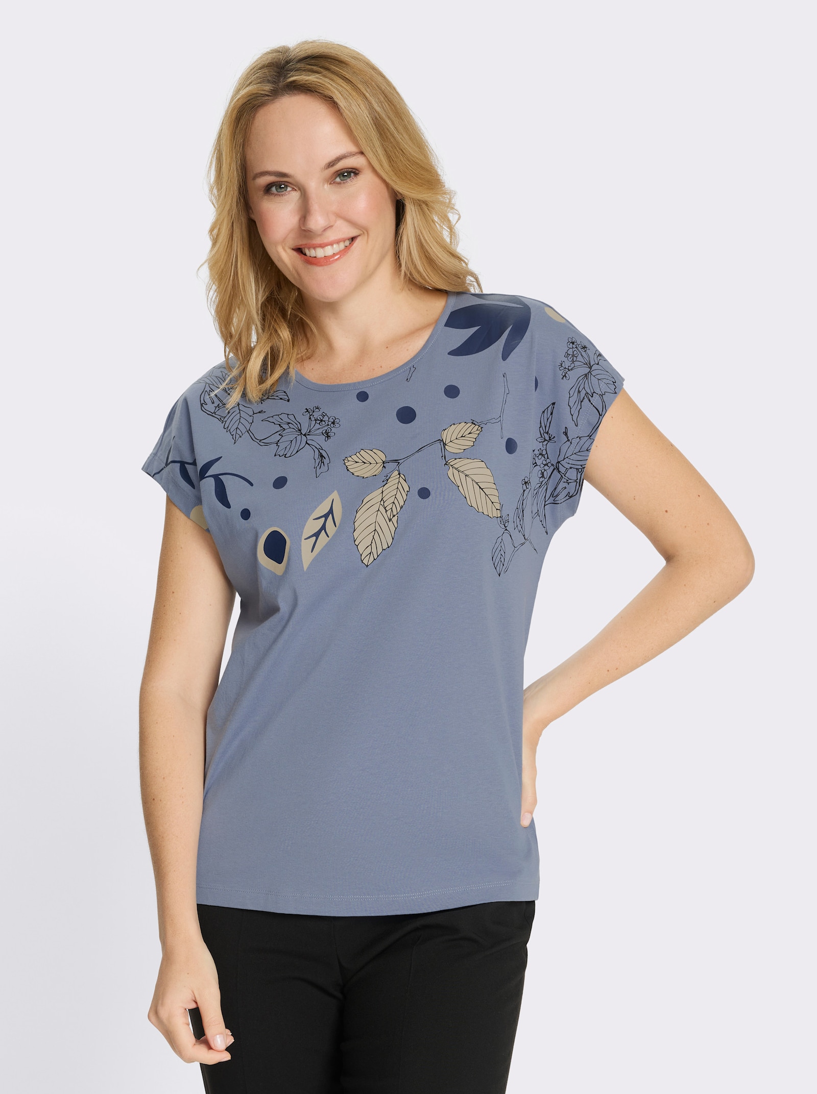 Rundhalsshirt mit platziertem Druck - taubenblau-dunkelblau-bedruckt