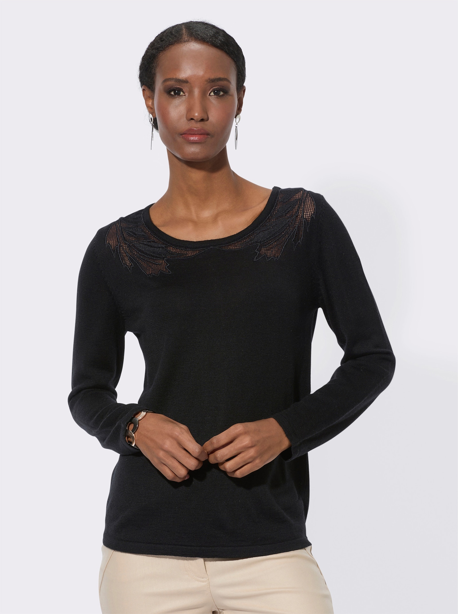 Langarm-Pullover im wärmenden Mix mit Woll-Anteil - schwarz