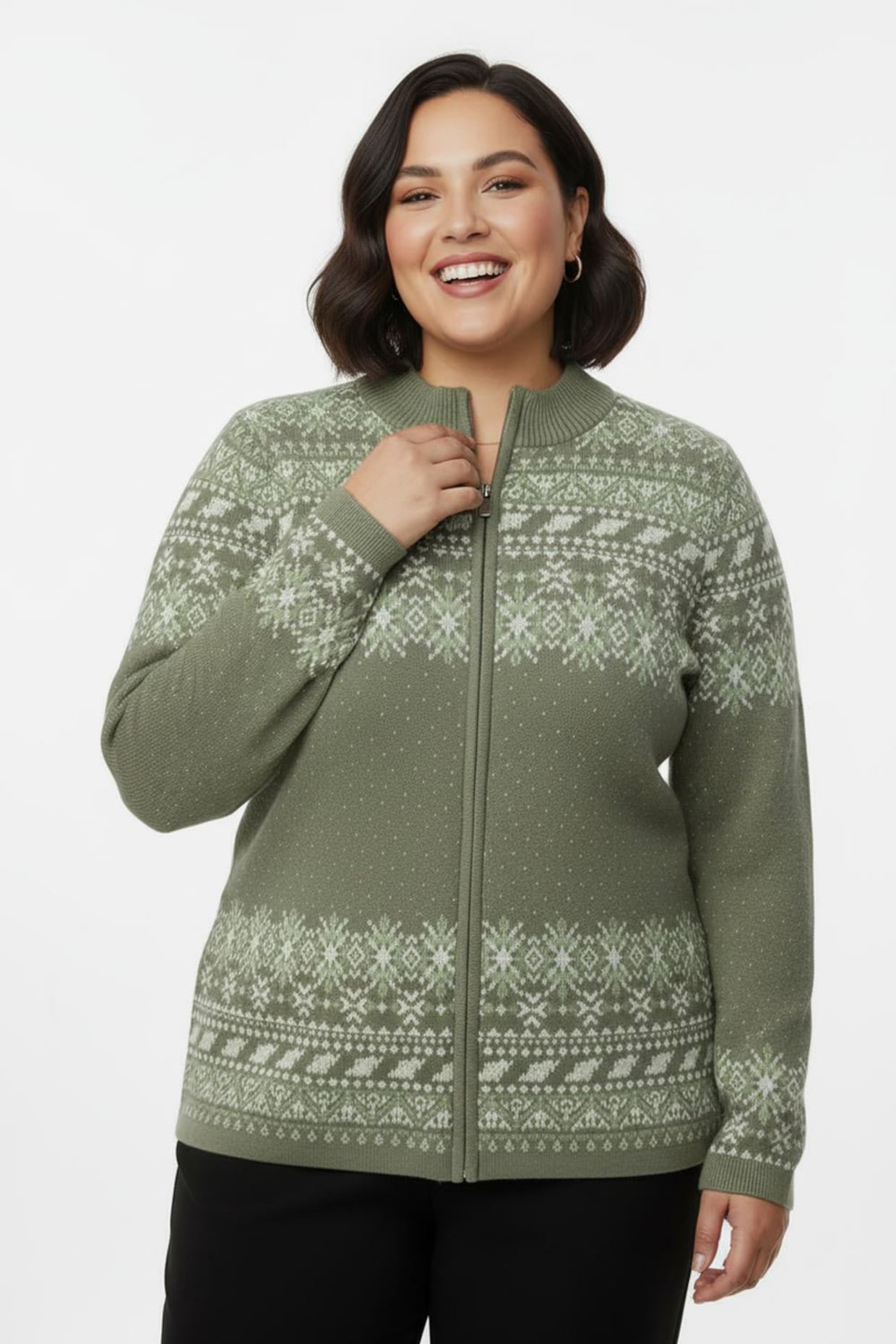 Jacquardstrickjacke im Norweger-Stil - khaki-ecru-gemustert