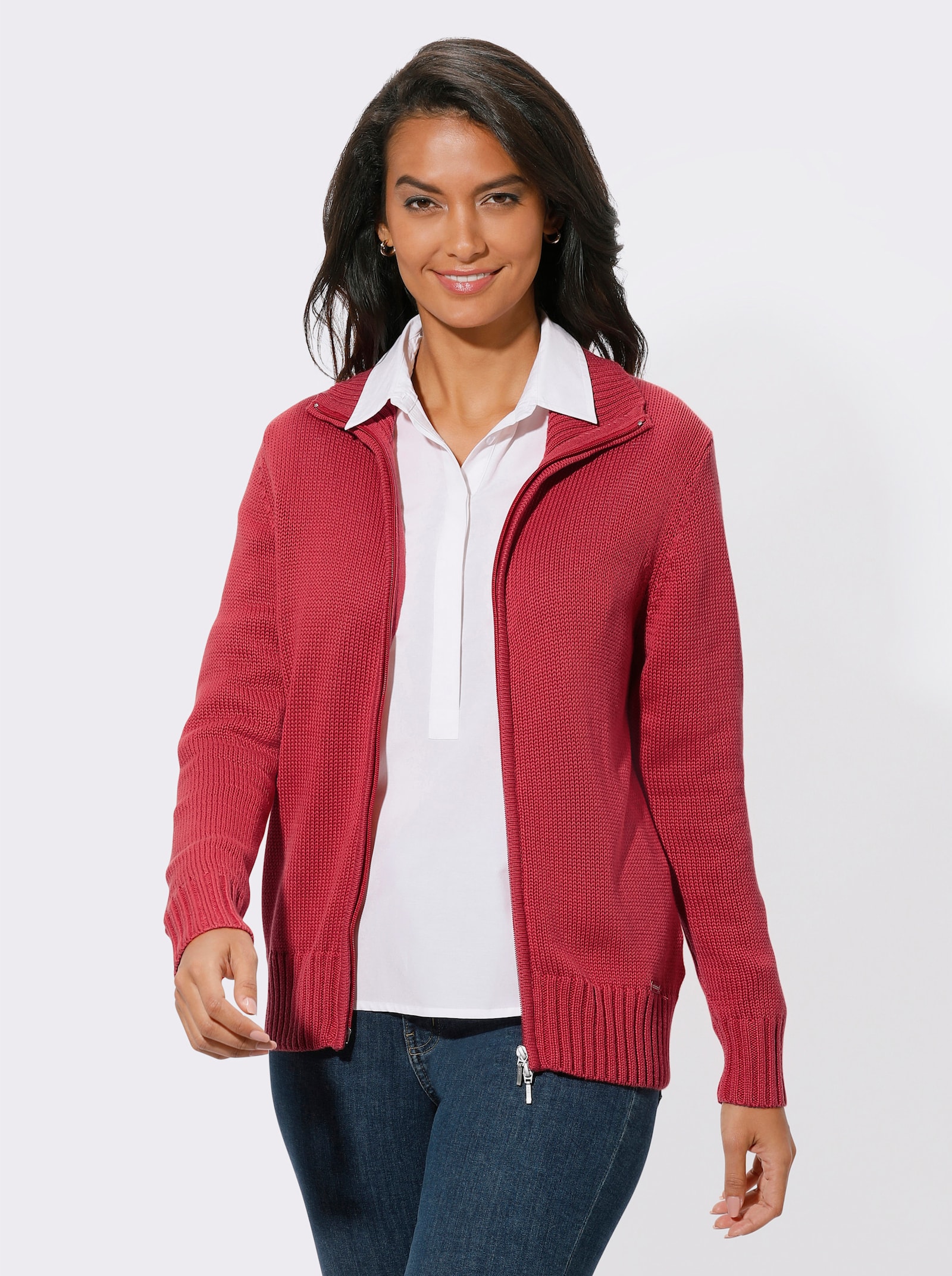 Strickjacke mit 2-Wege-Reissverschluss - korallenrot