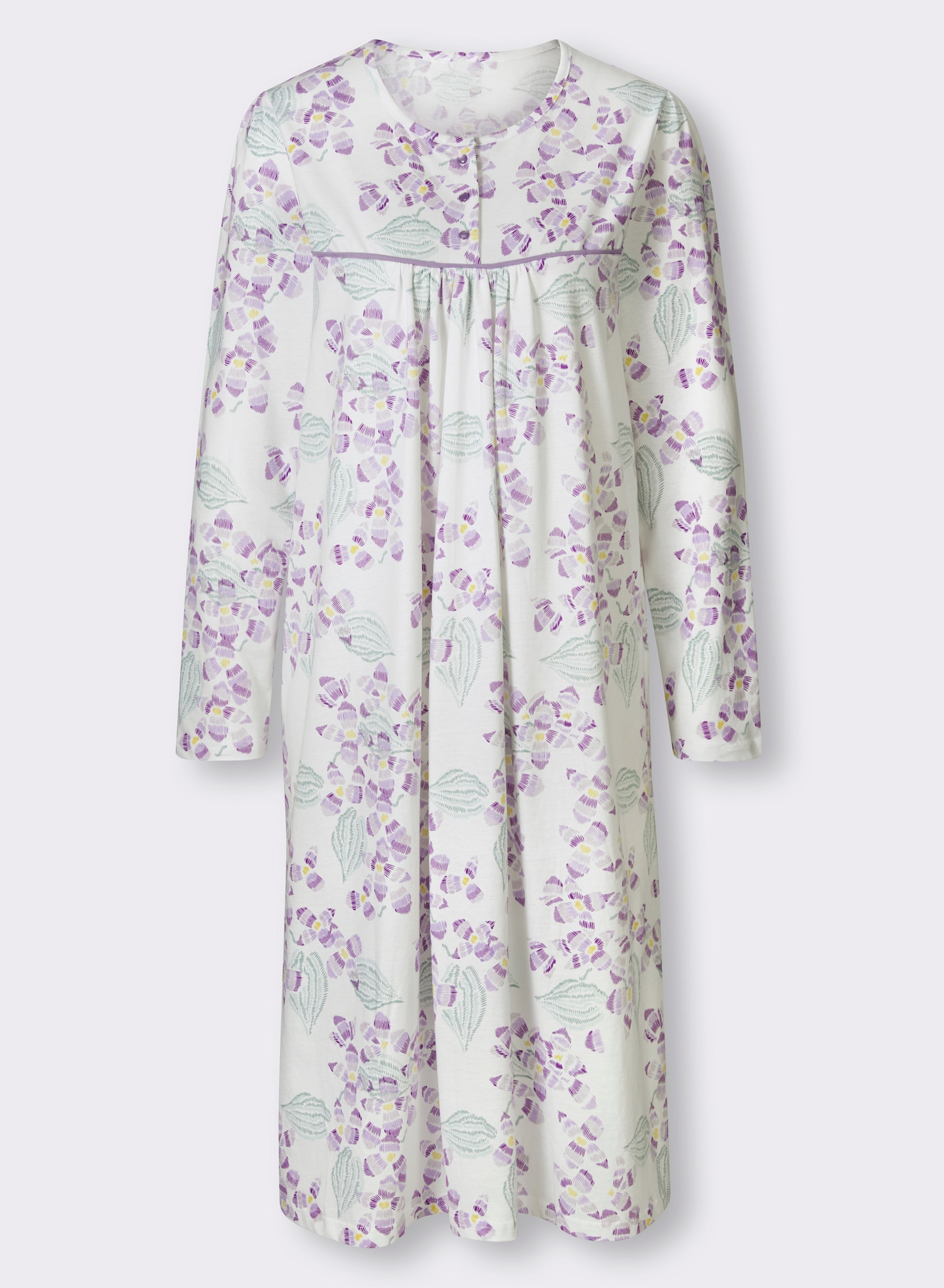wäschepur Nachthemd mit kurzer Knopfleiste - weiß-lavendel-bedruckt