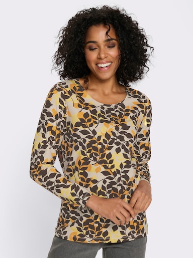 Langarmshirt im Blätter-Dessin - ocker-schoko-bedruckt