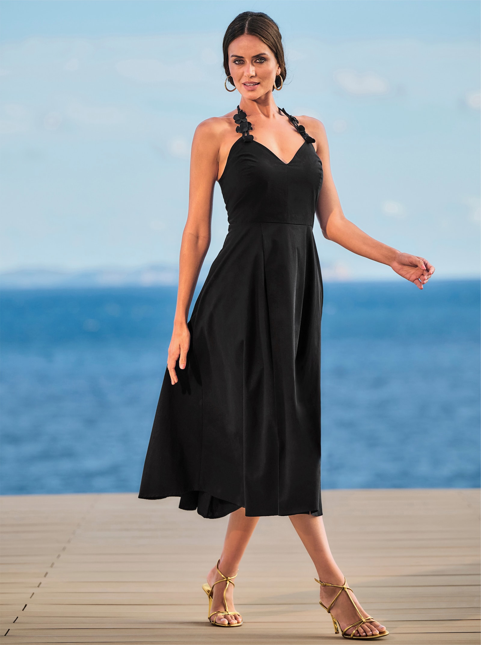 heine Neckholderkleid mit Blütenapplikation - schwarz