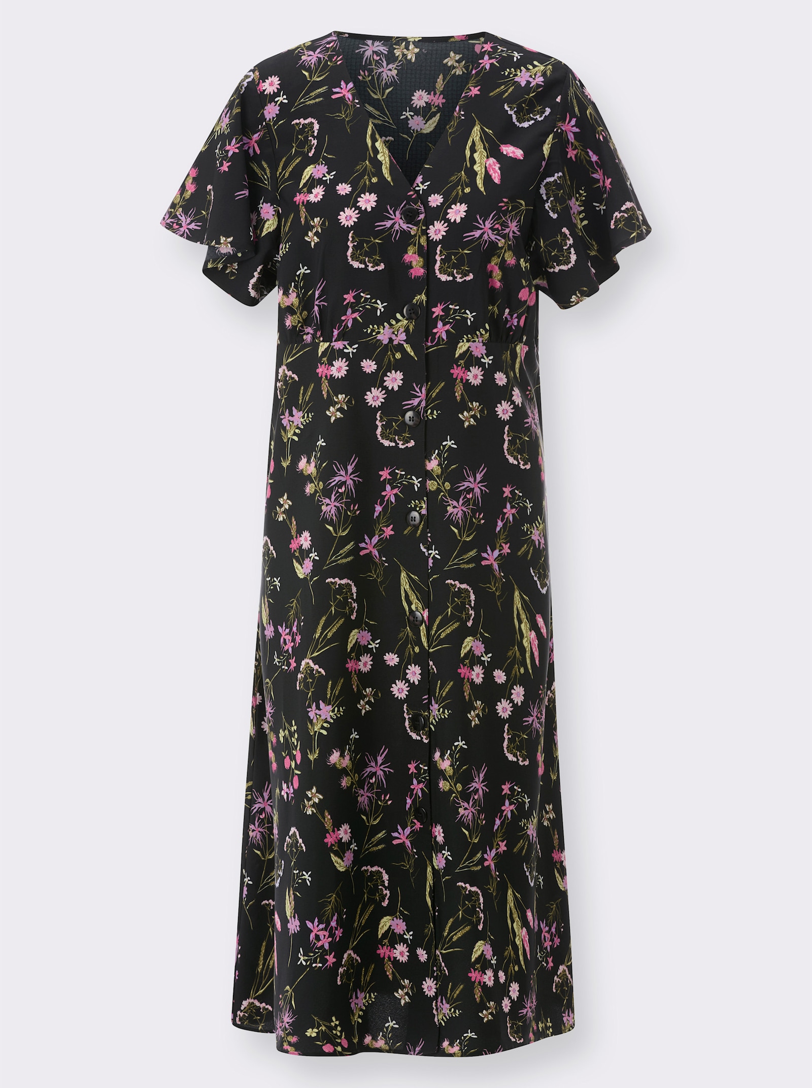 Druckkleid mit Flügel-Ärmeln - schwarz-altrosa-bedruckt