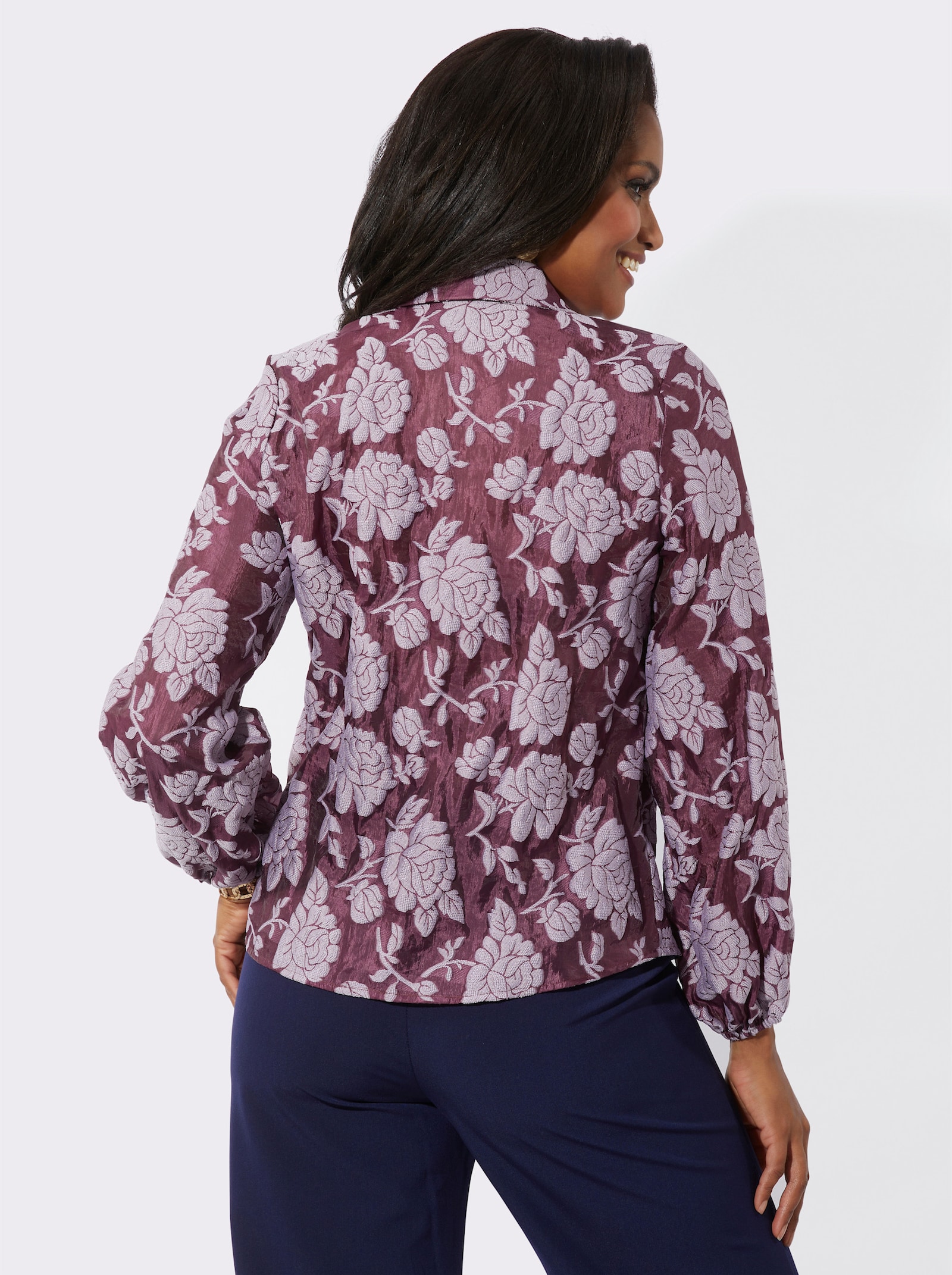 Blouse met lange mouwen in etskant - bordeaux/lila gedessineerd