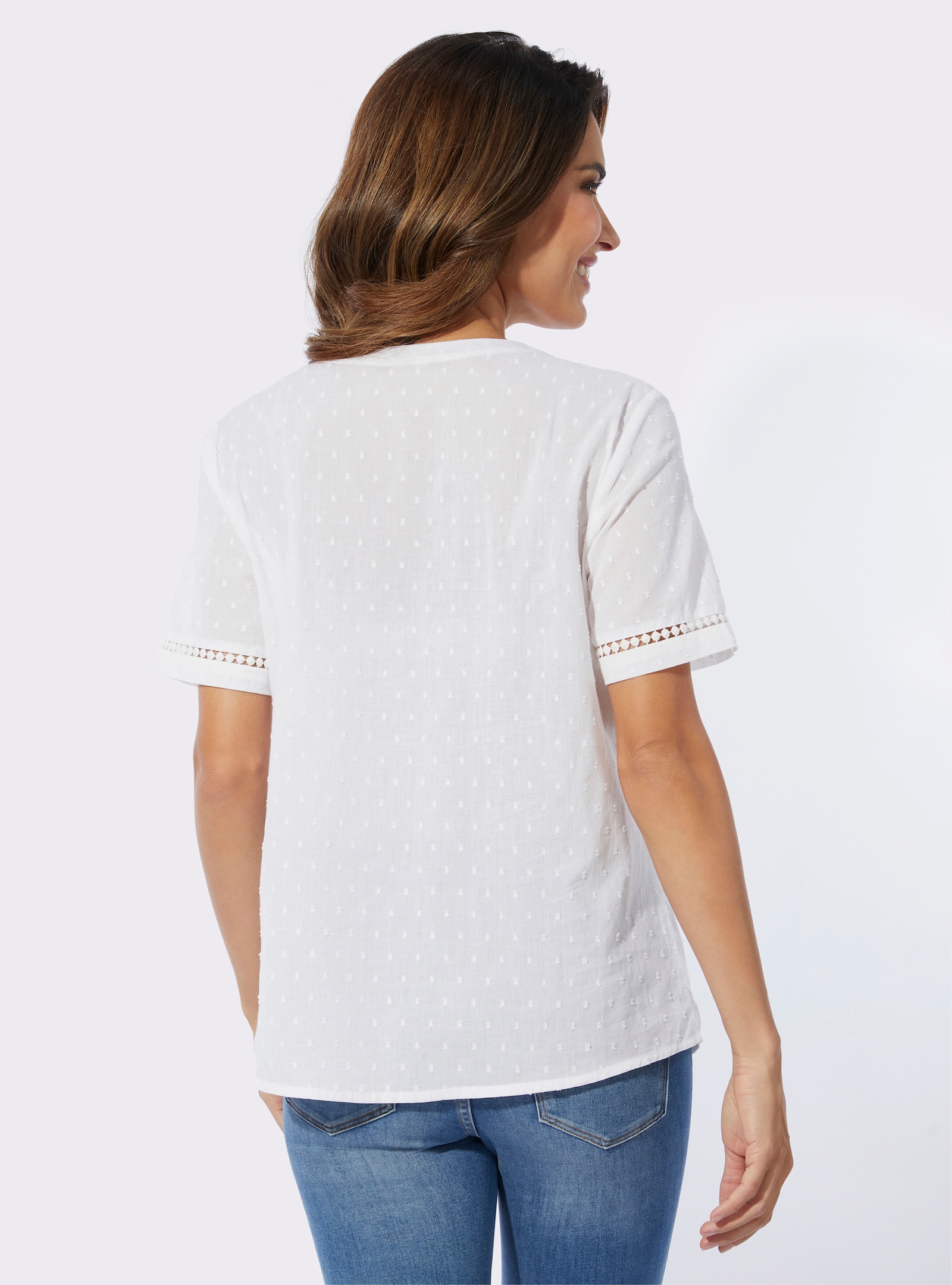 Navlékací halenka s puntíkovanou krajkou - bílá