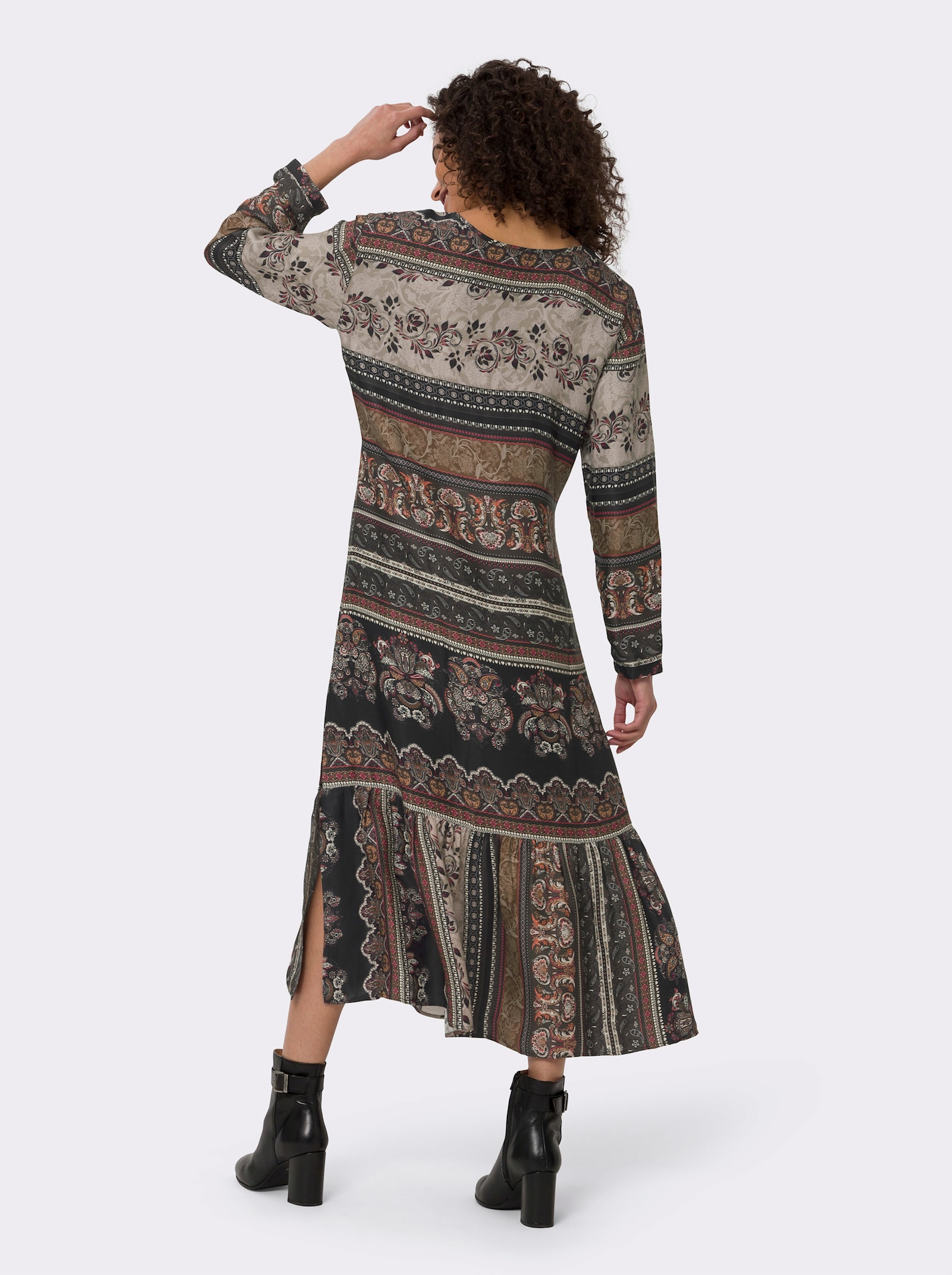 heine Druckkleid mit breitem Volant - braun-pink-bedruckt