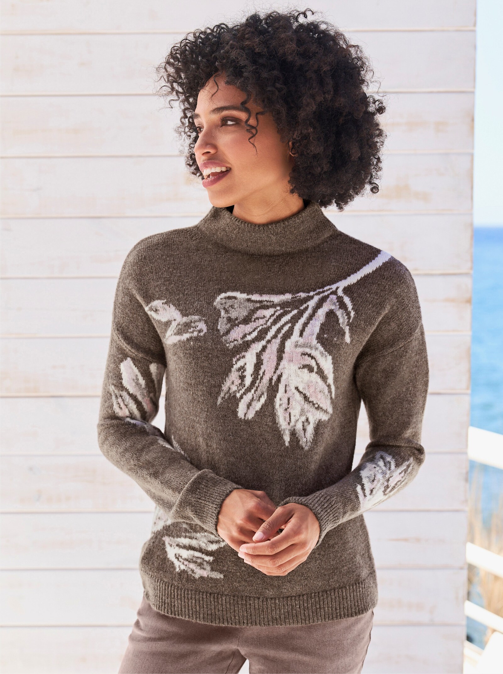 heine Jacquard-Pullover mit Rippbündchen - dunkeltaupe-ecru-gemustert