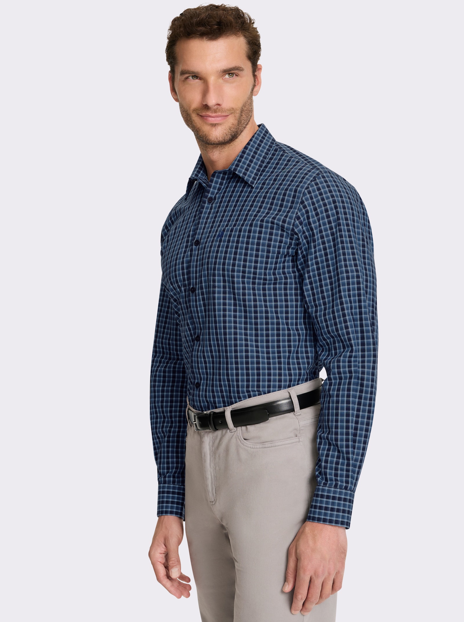 Marco Donati Langarmhemd in bügelfreier Popeline-Qualität - marine-jeansblau-kariert