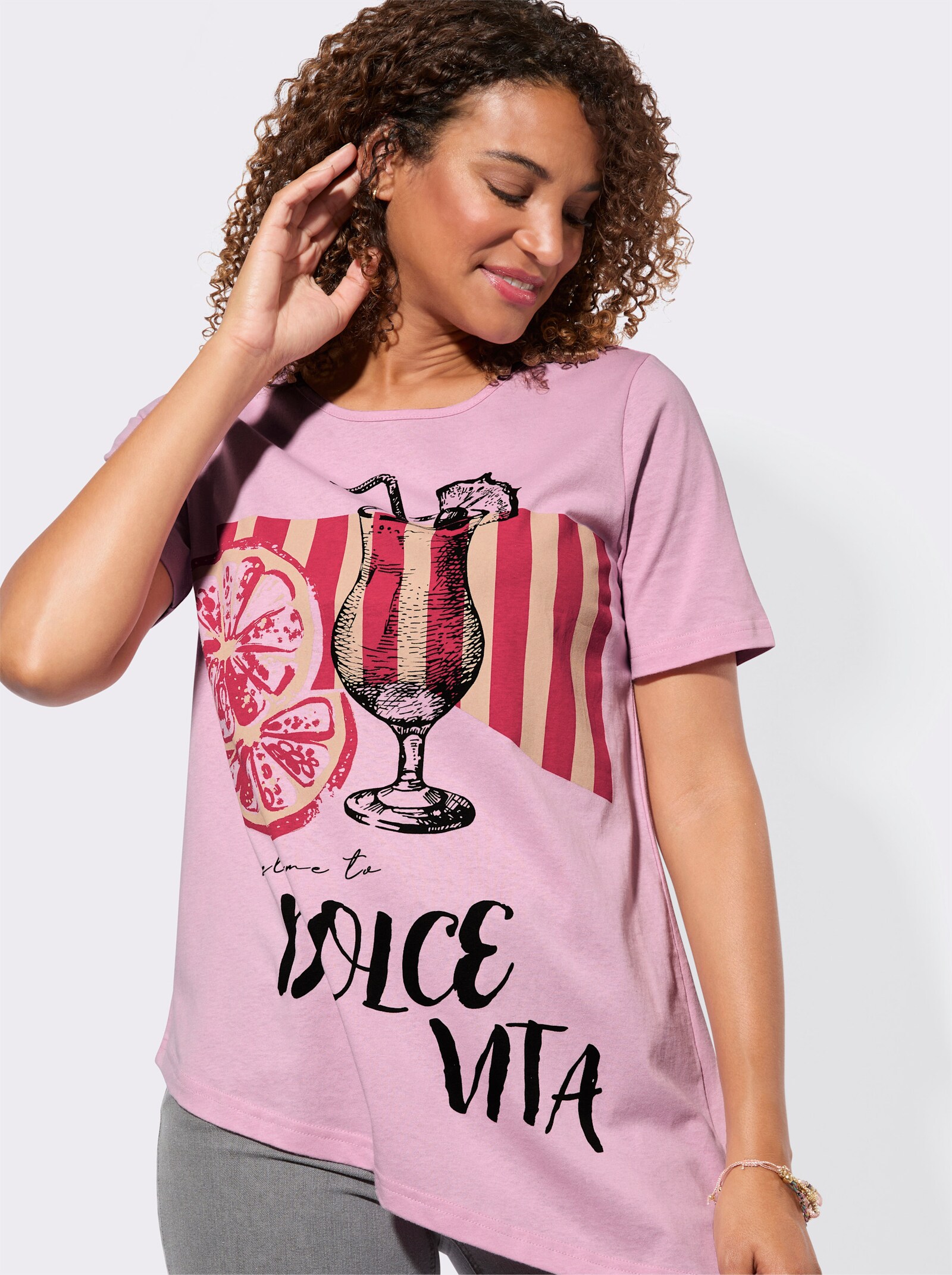 Kurzarmshirt mit asymmetrischem Saum - rosé-bedruckt