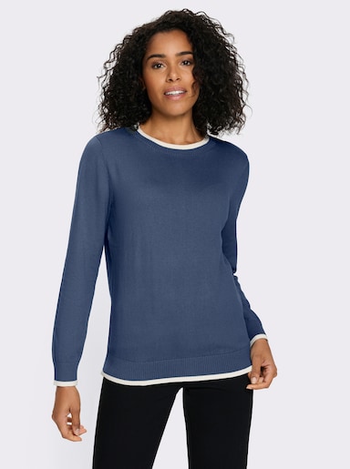 Langarm-Pullover in Baumwoll-Qualität - jeansblau-ecru