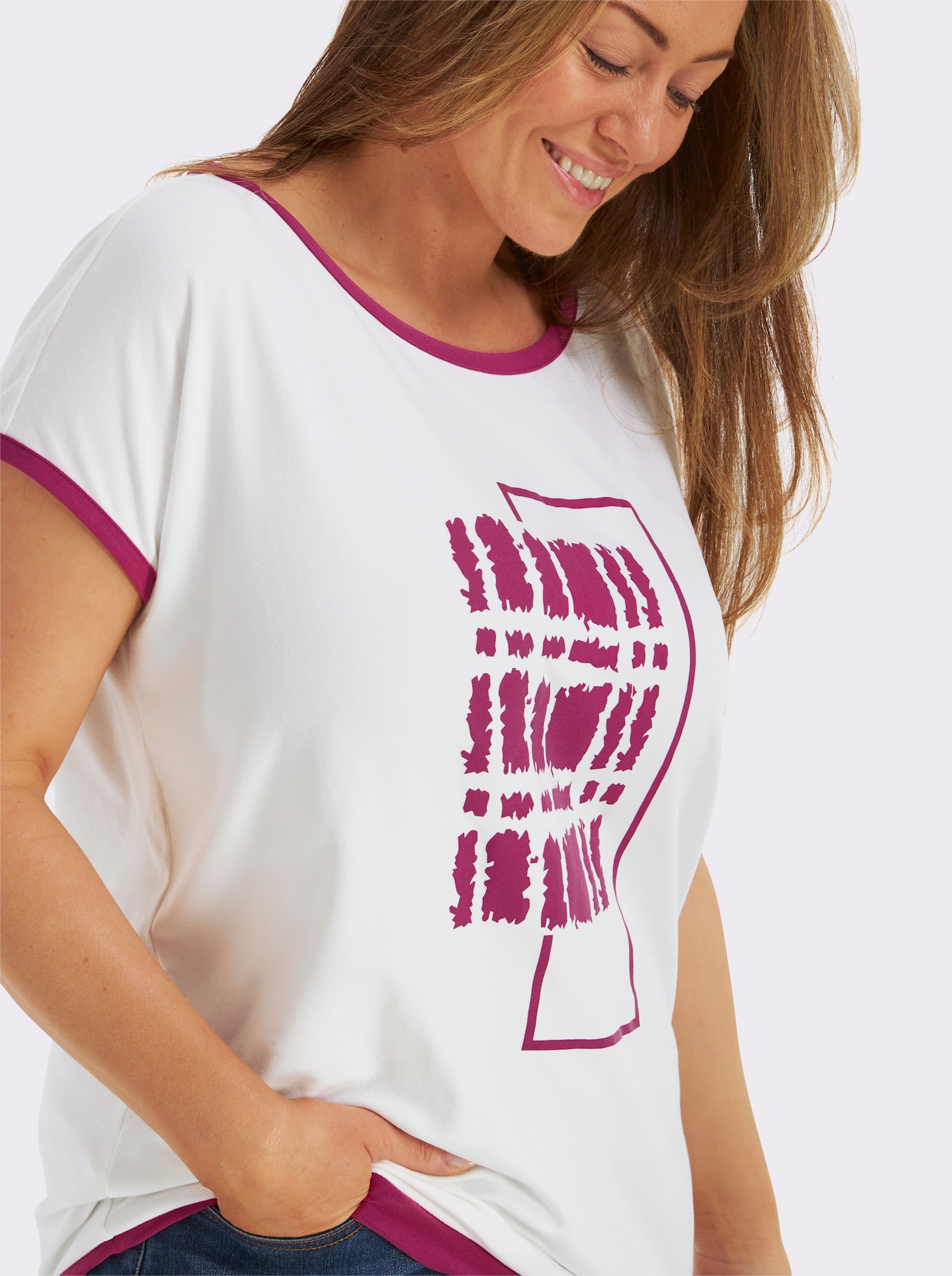 Print-Shirt mit U-Boot-Ausschnitt - ecru-magenta-bedruckt