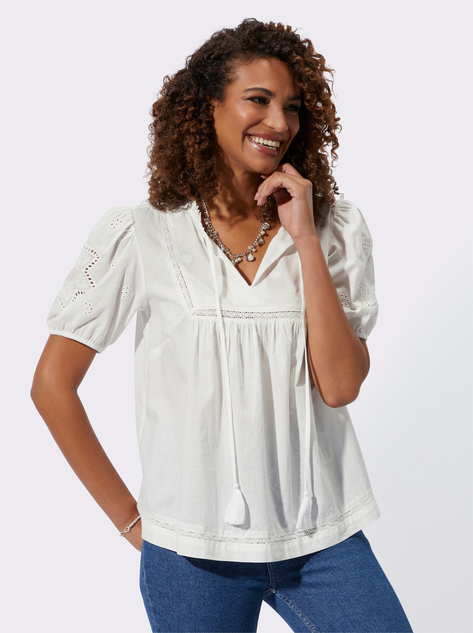 Baumwollbluse mit Puffärmeln - ecru