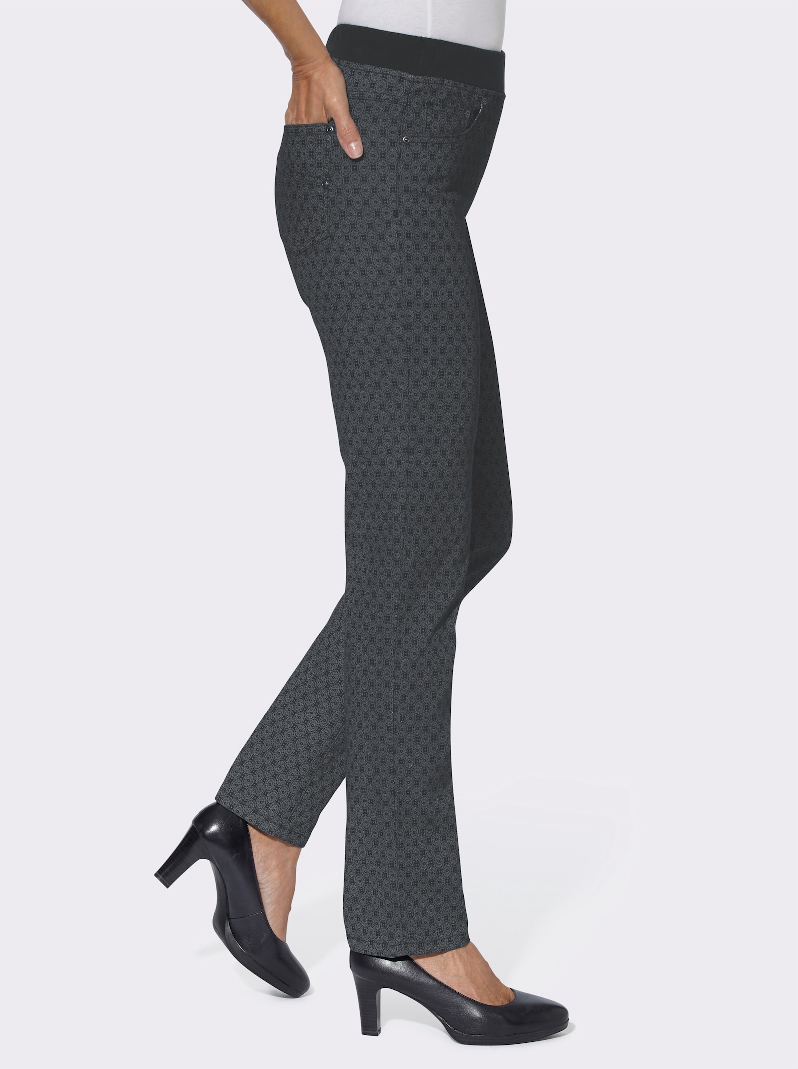 Comfortjeans met geribde comfortband van tricot - grey/denim bedrukt