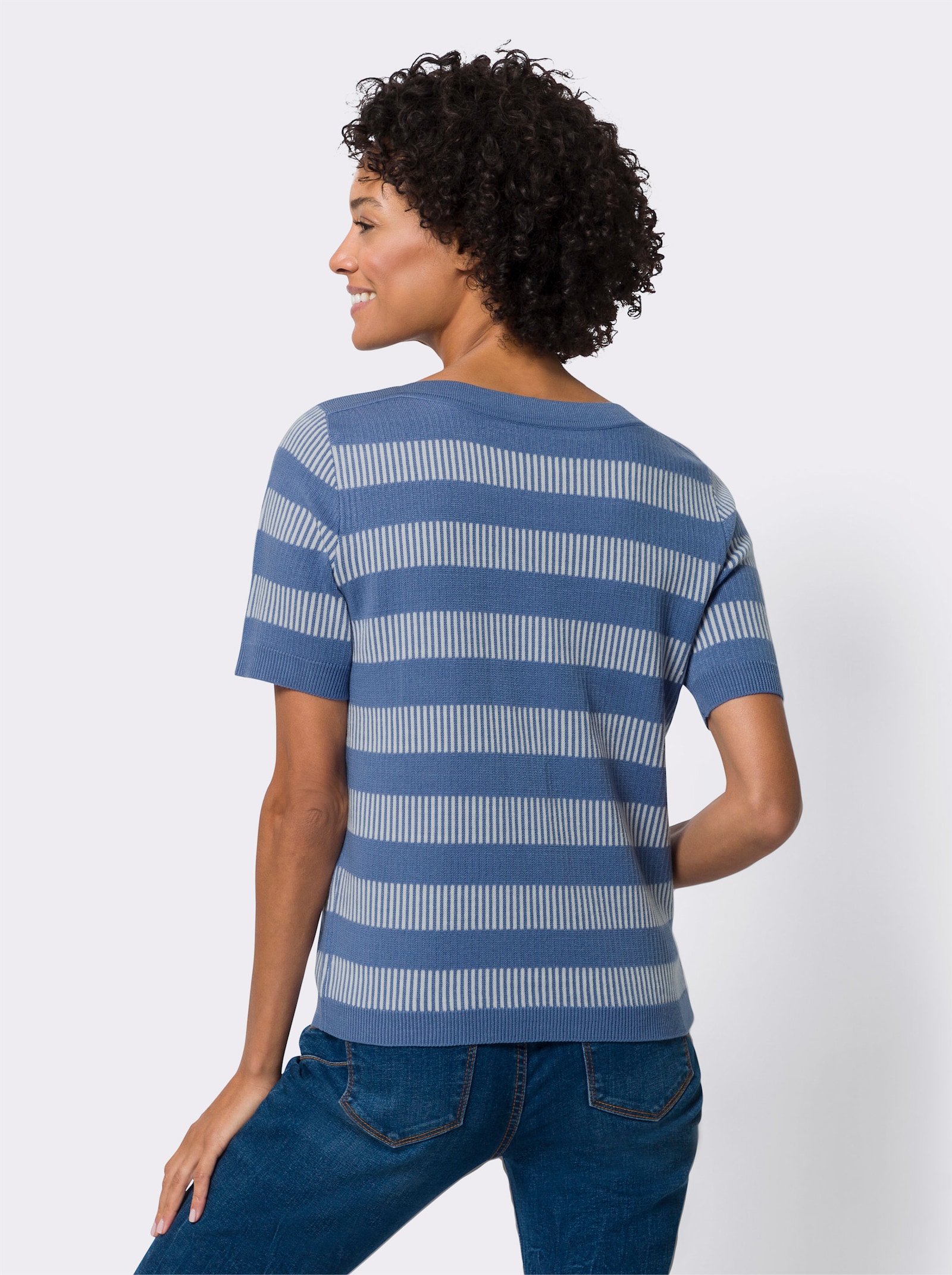 Kurzarmpullover in Jacquard-Qualität - mittelblau-ecru-gemustert